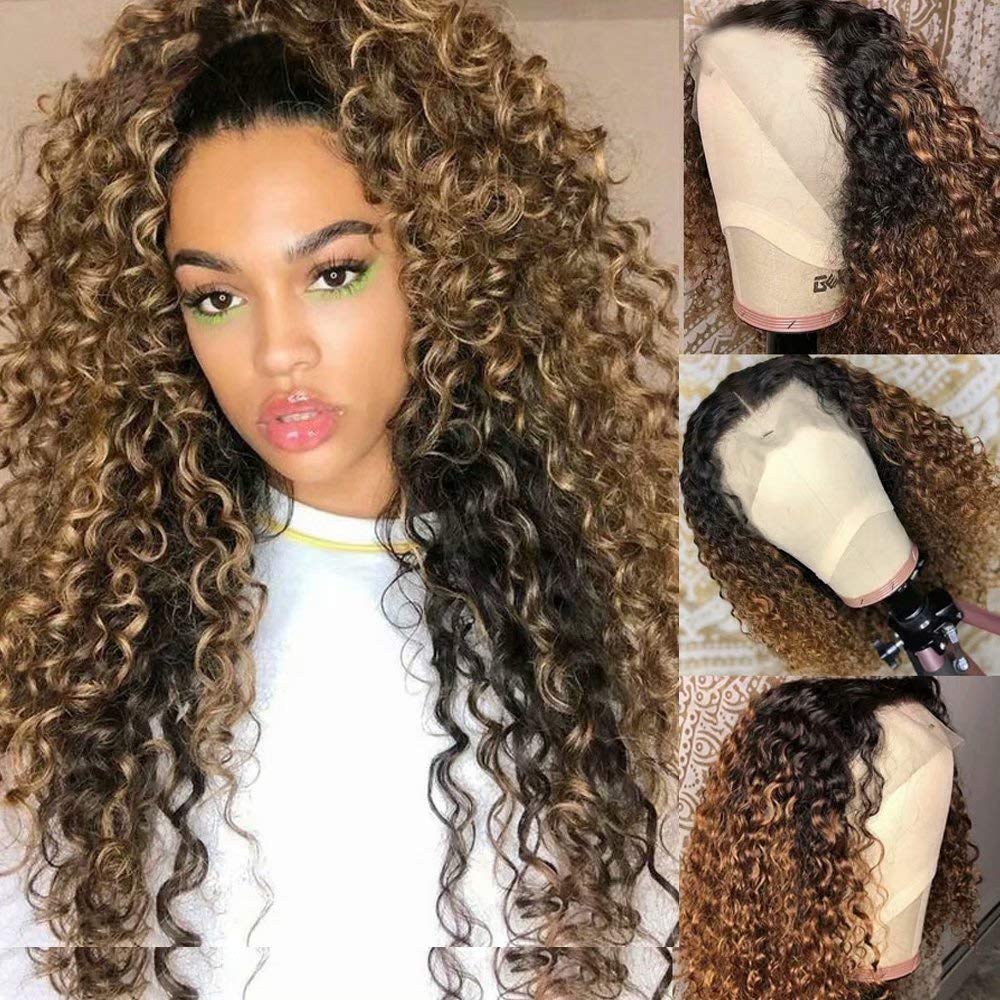 ten chopsticks Hair Kinky Curly 4T/27 HD Transparent 13x6 Lace Frontal Human Hair Wigs Honey Blonde Lace Front Deep Wave Wig Brown Curly Wig 180 Density Pre Plucked Natural Hairline 16Inch