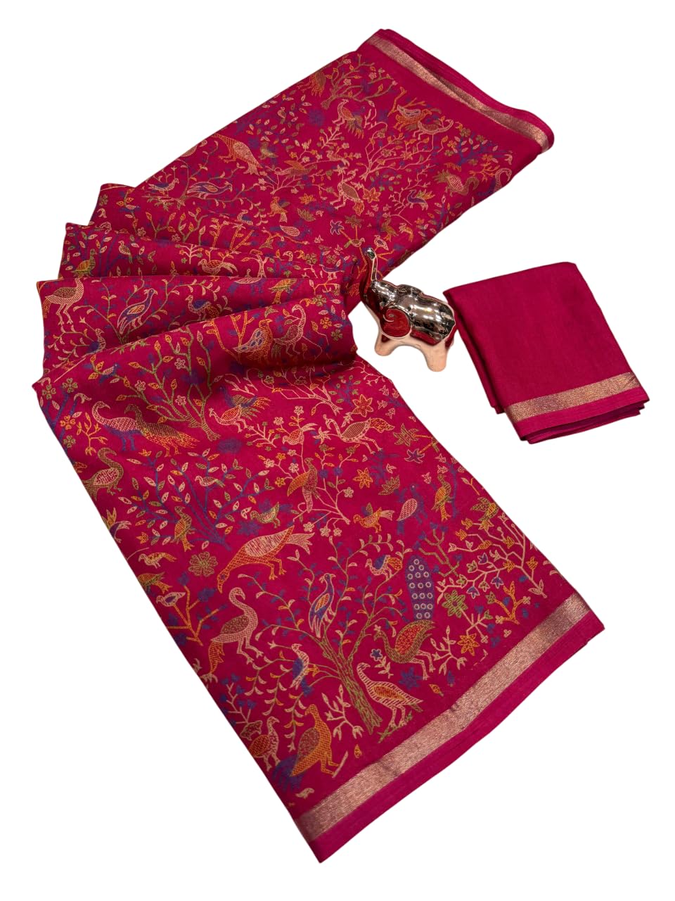 Women's Dola Silk Saree Kalamkari Floral Print Tiny Zari Border And Pallu With Blouse Piece-image-19