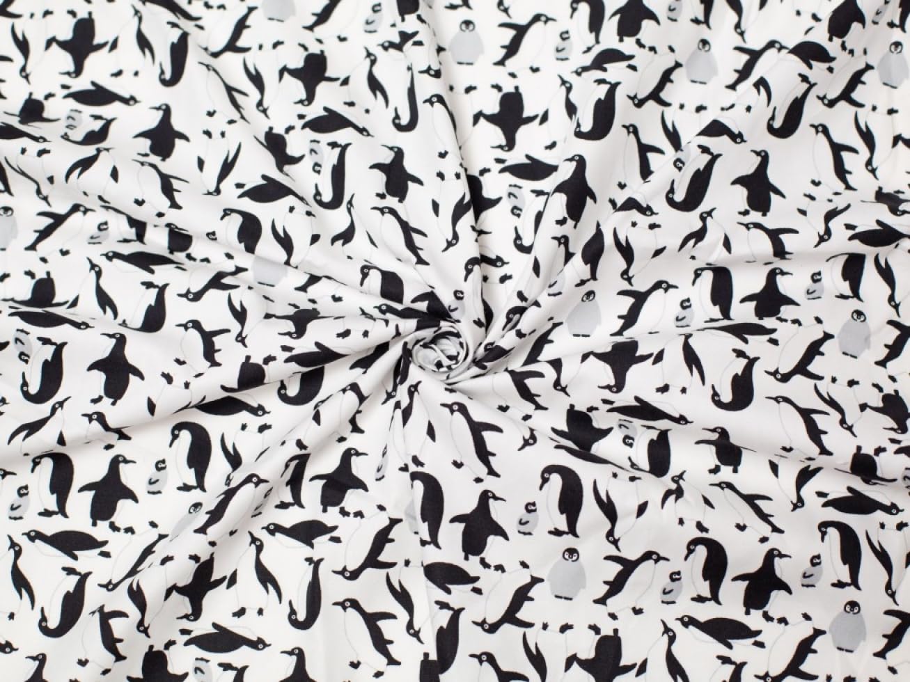 Minerva White Penguins Print Cotton Poplin Fabric - Per Metre