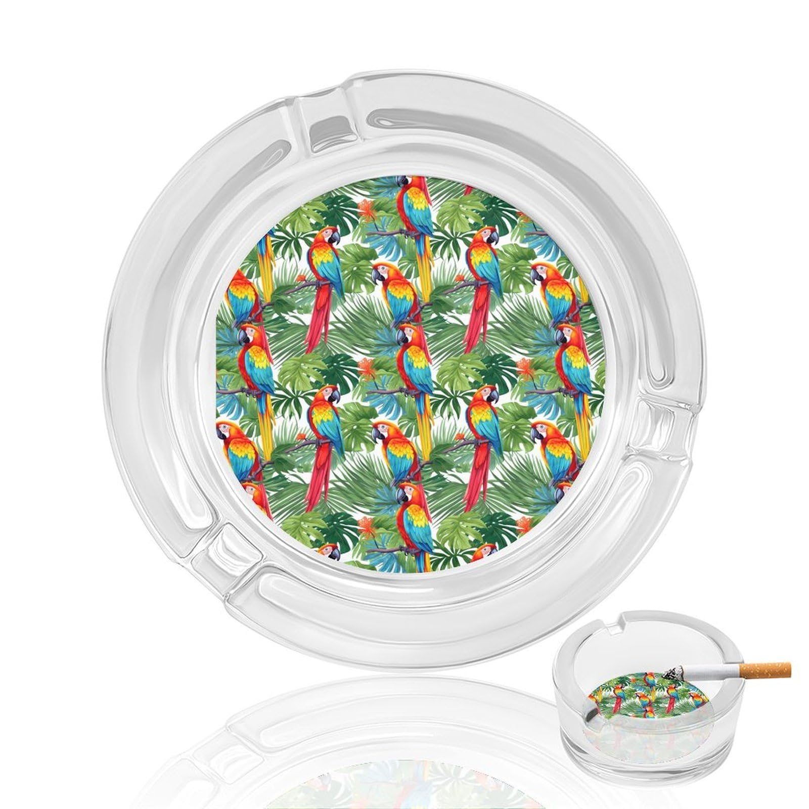 Tropical Birds Parrots Ashtray Portable Round Glass Outdoor Ash Tray for Home Office Garden Pub
