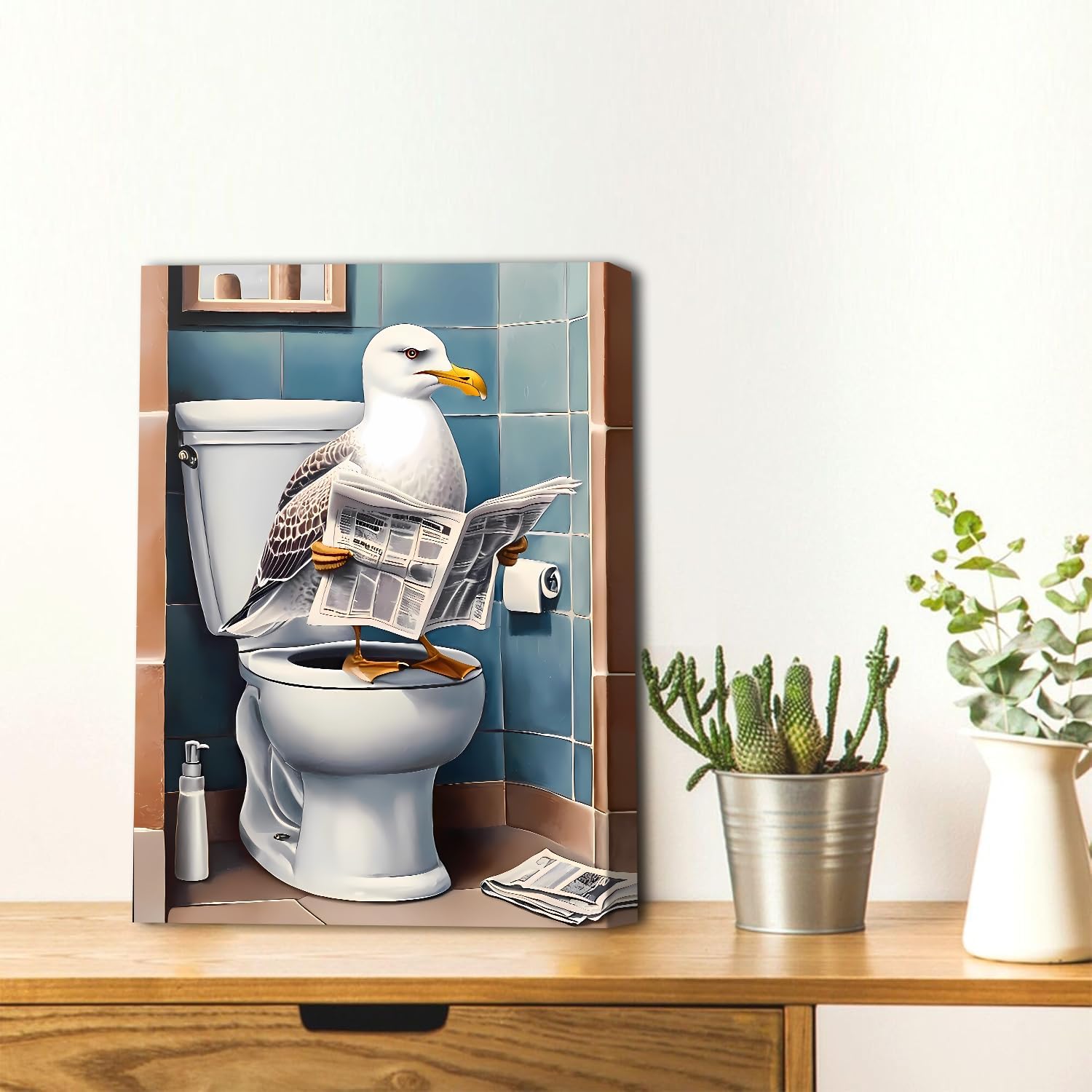 Sea Gull Bathroom Wall Art,Sea Gull Canvas Wall Art,Funny Bathroom Animal Pictures Bathroom Bedroom Living Room Office Decor(12"x16"Framed)