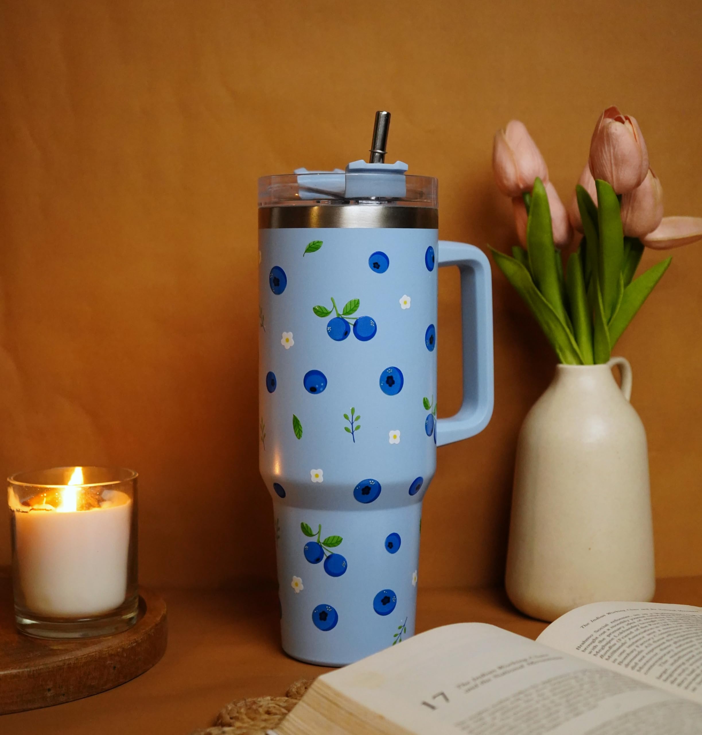 Najarat 1200ML Stainless Steel Tumbler Hot and Cold with Handle and Lid and 2 Straws, Double Insulated Cup Leak Proof Mug Cupholder for Gym, Travelling (Blueberry)