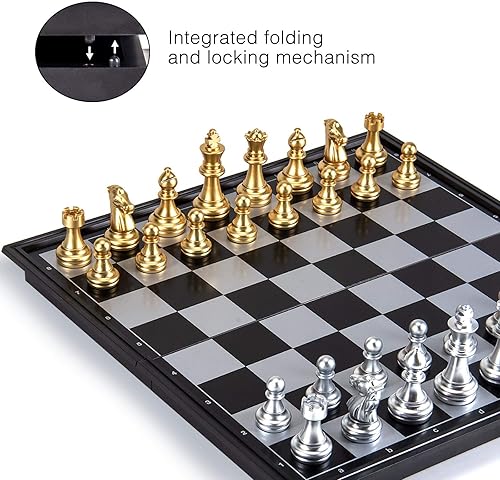 Miniatura 5 de AMEROUS Juego de ajedrez de viaje Magetic de 10 pulgadas, juego de ajedrez plegable portátil de plástico con piezas de ajedrez doradas y plateadas,