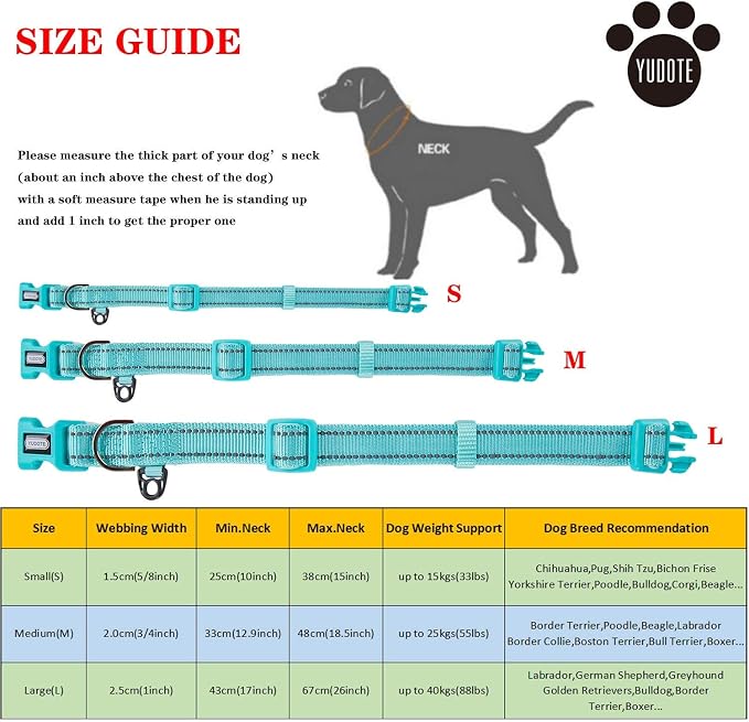 Collar reflectante de nylon con padding de neopreno, ajustable para perros pequeños miniatura 6