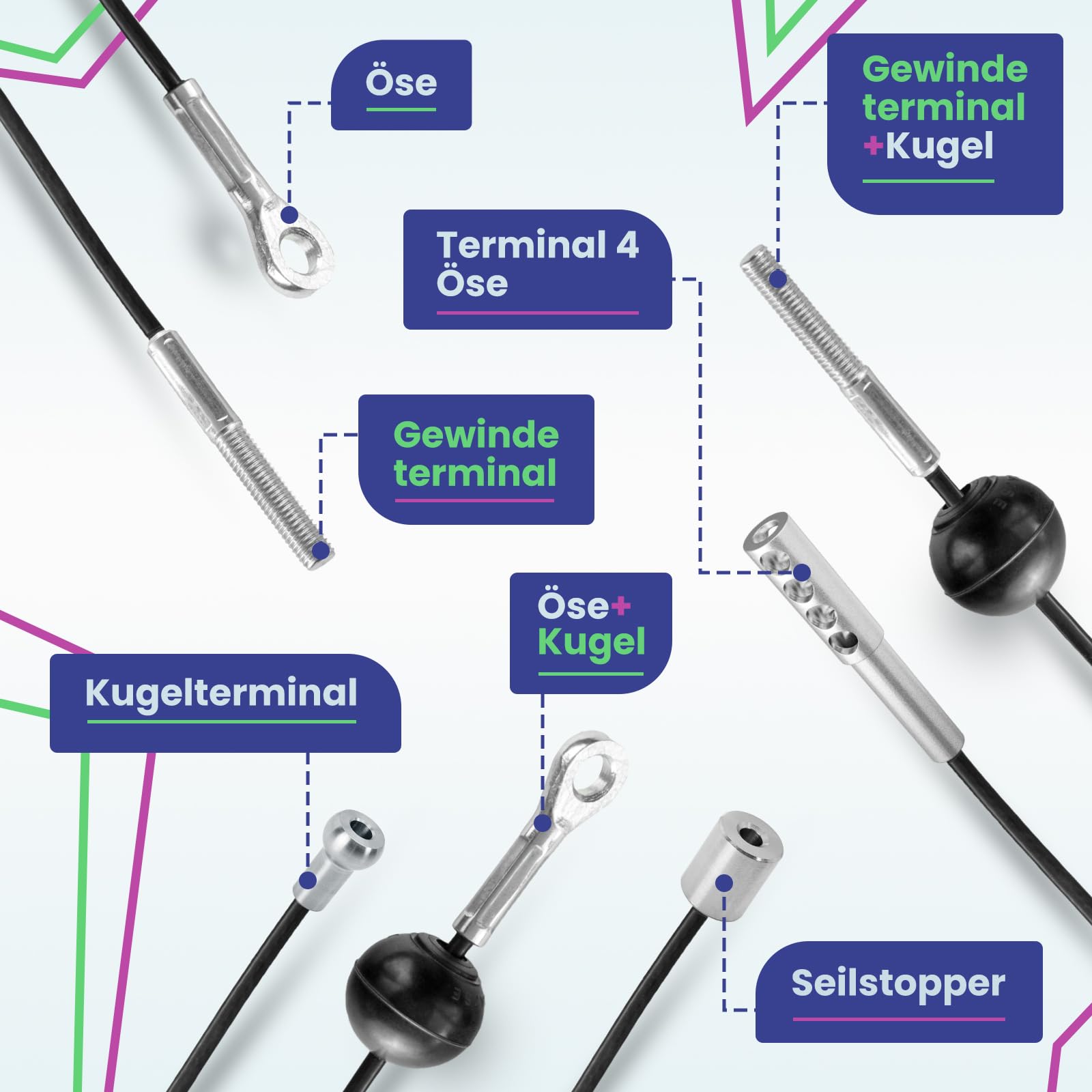 DQ-PP Stahlseil ummantelt mit Öse und Kugelterminal – 7x19 – Drahtseil – Gym Kabel – Schwarz – Fitness
