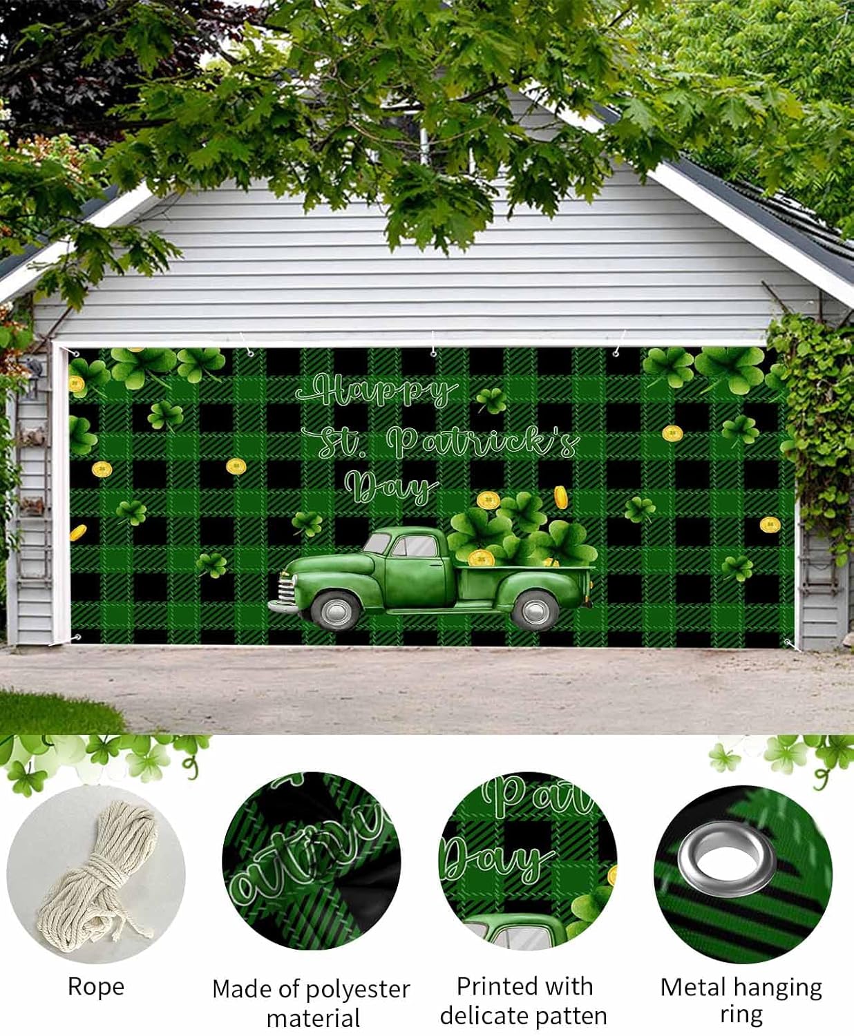 St. Patrick's Day Garage Door Banner Cover 7 x 8 ft, Green Truck with Lucky Shamrocks Coin Green Buffalo Plaid Garage Door Decorations Holiday Backdrop Decor for St. Patrick's Day Party