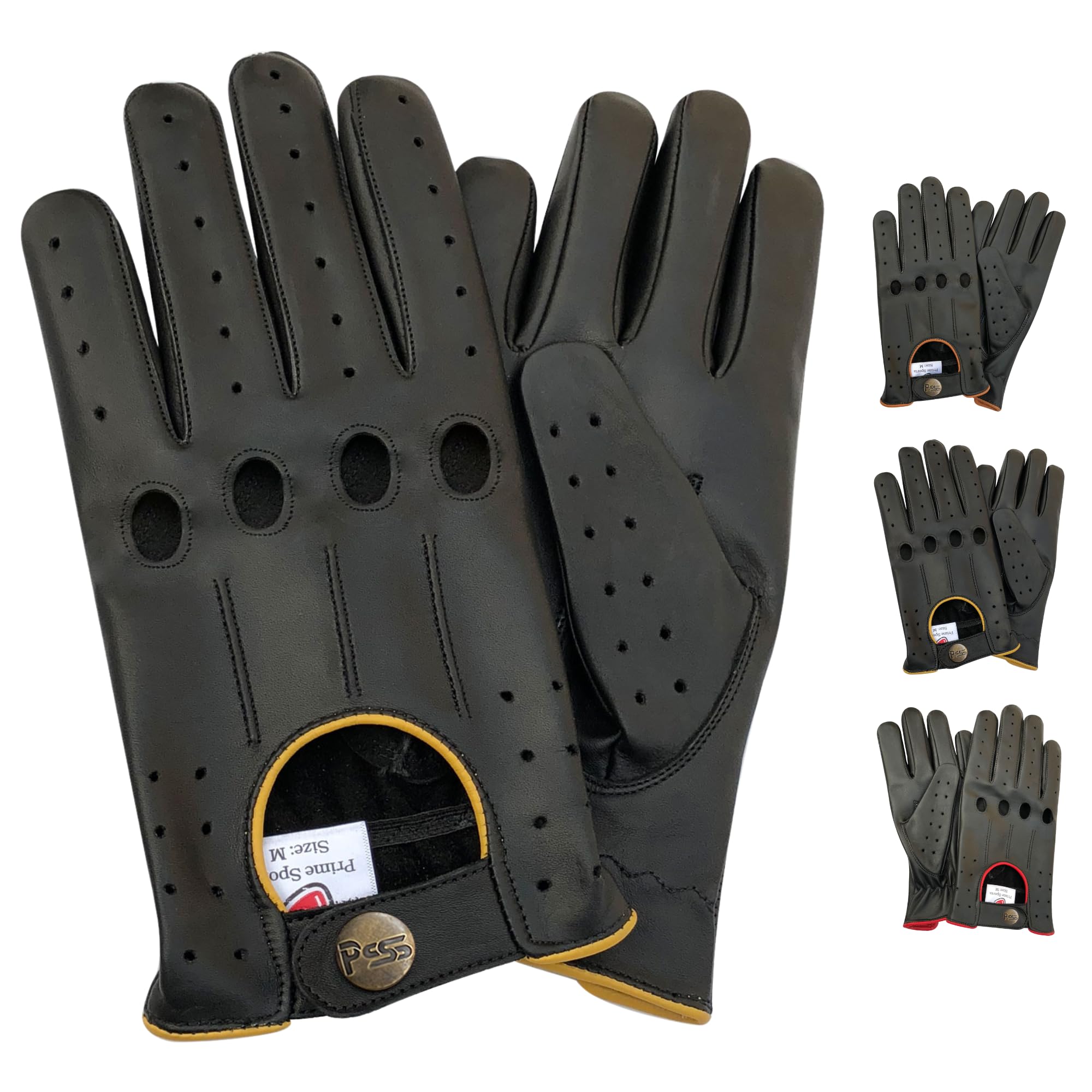Prime Leather Men's Black With Yellow Piping Genuine Leather Driving Classic String Black Gloves With 4 Holes 507 (Medium)
