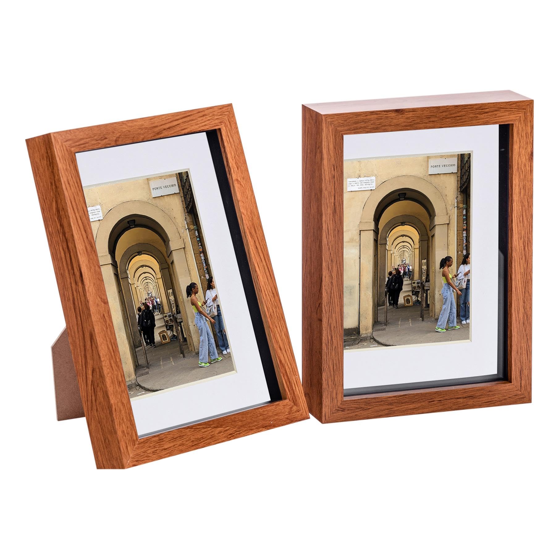 Nicola Spring 3D Shadow Box Photo Frame - A5 (6 x 8") - 3D Photo Frame Picture Frame Memory Box Display Case for Photos, Memorabilia, Artworks, Crafts, Decoration, 4 x 6" Mount Dark Wood - Set of 2