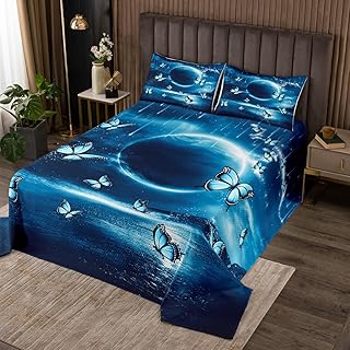 Feelyou Kids Teal Butterfly Bedspread King Size Moon Over Ocean Coverlet Set for Boys Teens Decor Sea Starry Night Quilted Coverlet Quilted Bedroom 3Pcs