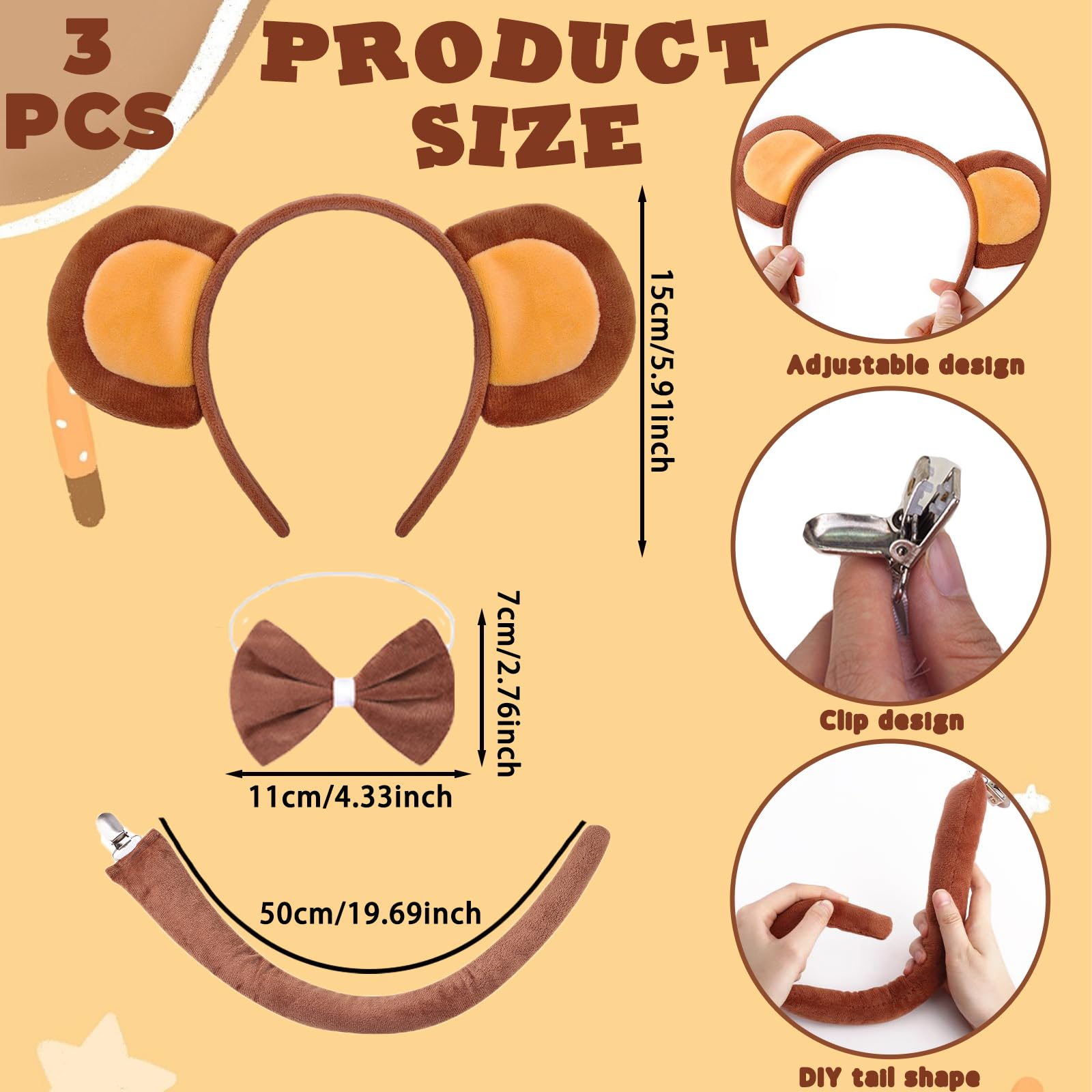 KAZGVN Monkey Costume Kids,World Book Day Costumes for Girls,3 Pcs Brown Animal Costumes with Monkey Ears and Tail and Tie,Carnival Costume for Dress Up Halloween Carnival Cosplay - Image 2