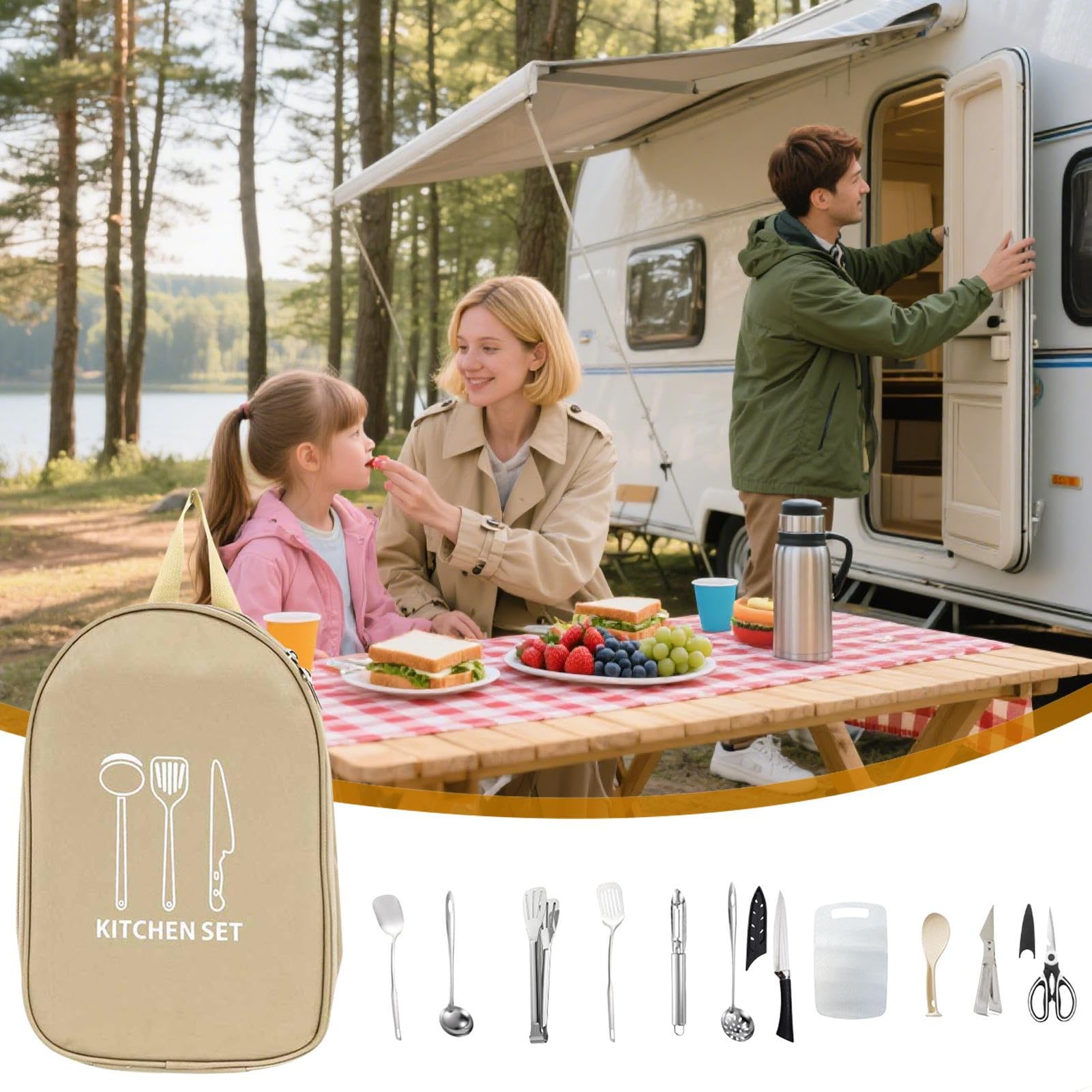 Juego de Utensilios de Cocina para Camping | Equipo de Menaje para Cocina de Camping - Equipo Portátil Unisex para Senderismo, Barbacoa y Picnic