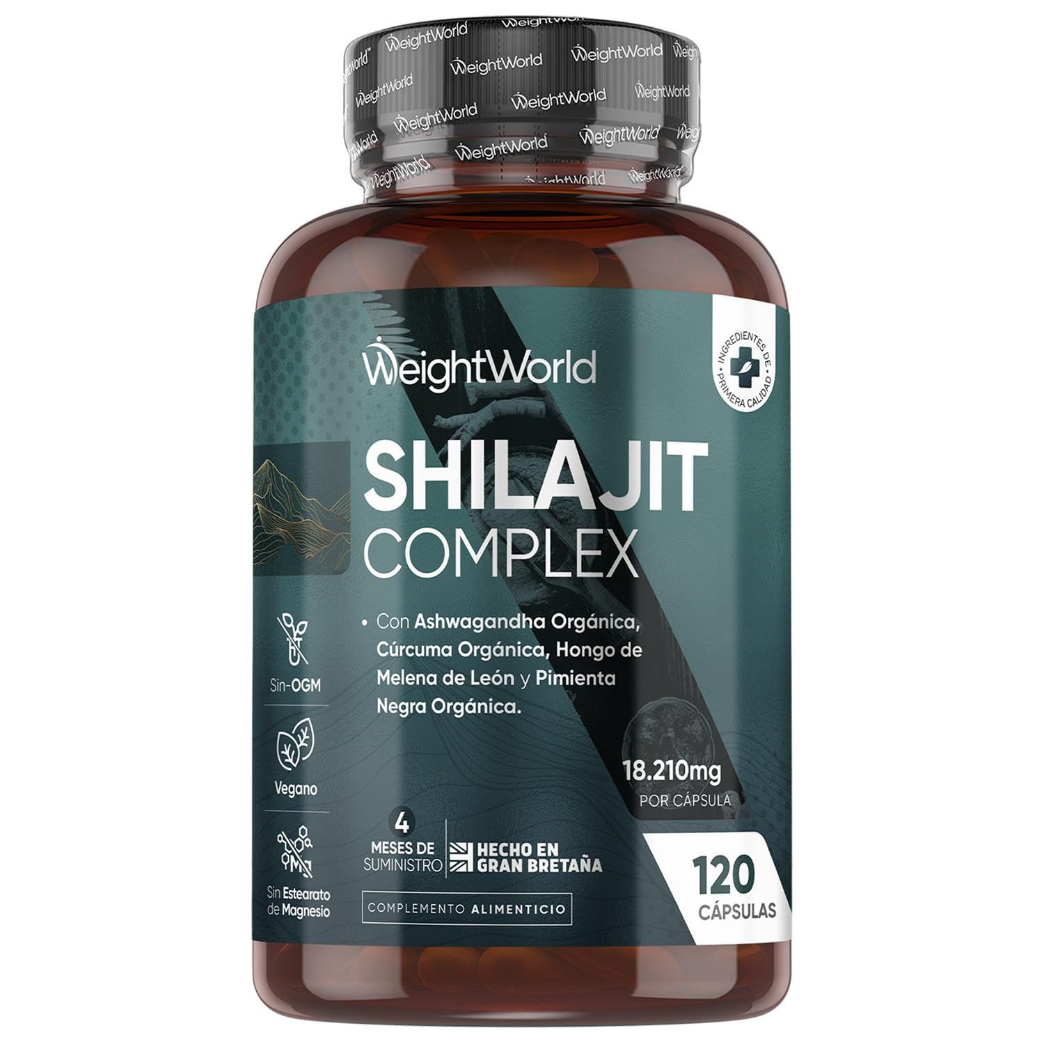 Shilajit Complex 18210mg, 120 Cápsulas, Con Ashwagandha, Melena de León y Cúrcuma - 16000mg de Shilajit en Polvo por Cápsula - 4 Meses de Suministro - Apto para Veganos, sin OGM