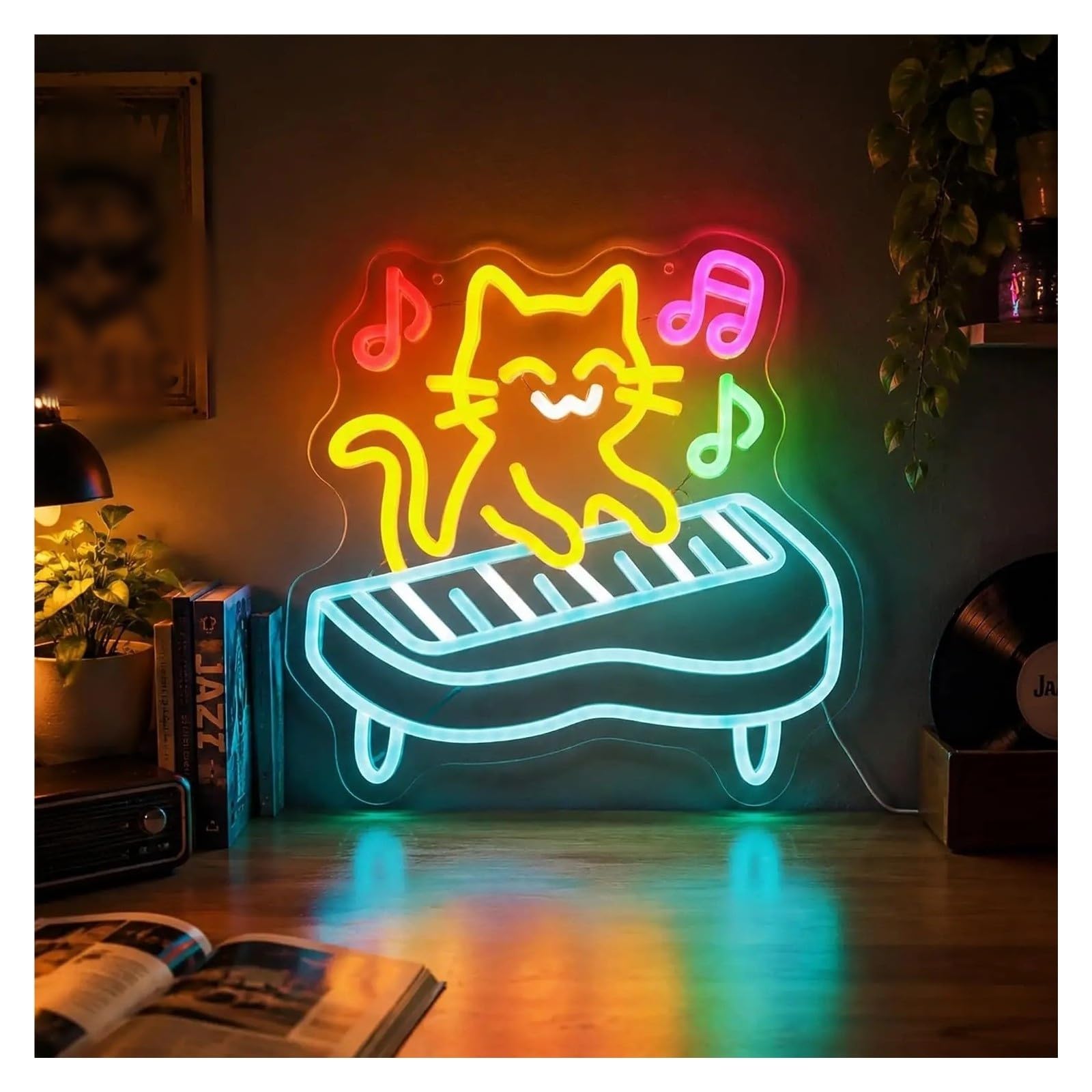 Decoración Lámparas Letrero De Neón LED Para Tocar El Piano Gato