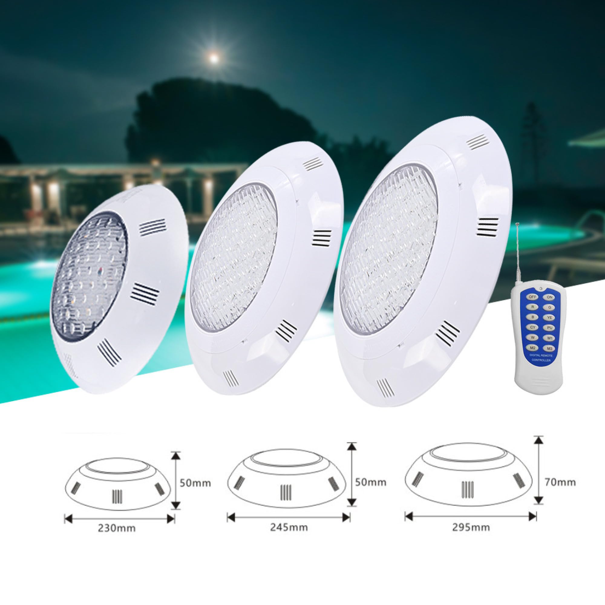 Oświetlenie basenowe RGB LED, wodoszczelność IP68, pilot RF, 12 V/24 V, 36
