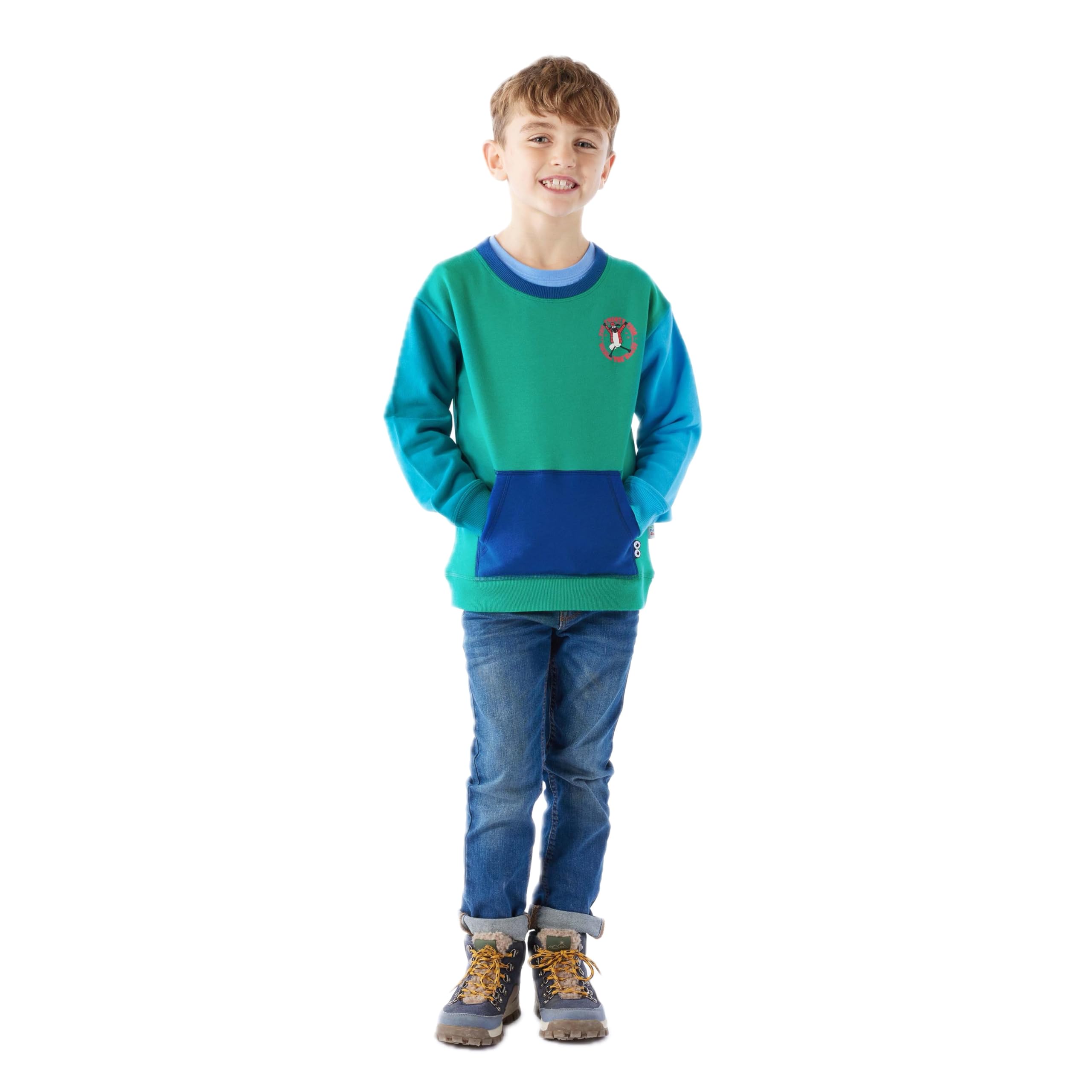 Tog24 Jungle Green Cheviot Kids Jumper X Shaun The Sheep Collaboration, Colourful Crewneck Children's Sweatshirt With Kangaroo Pockets