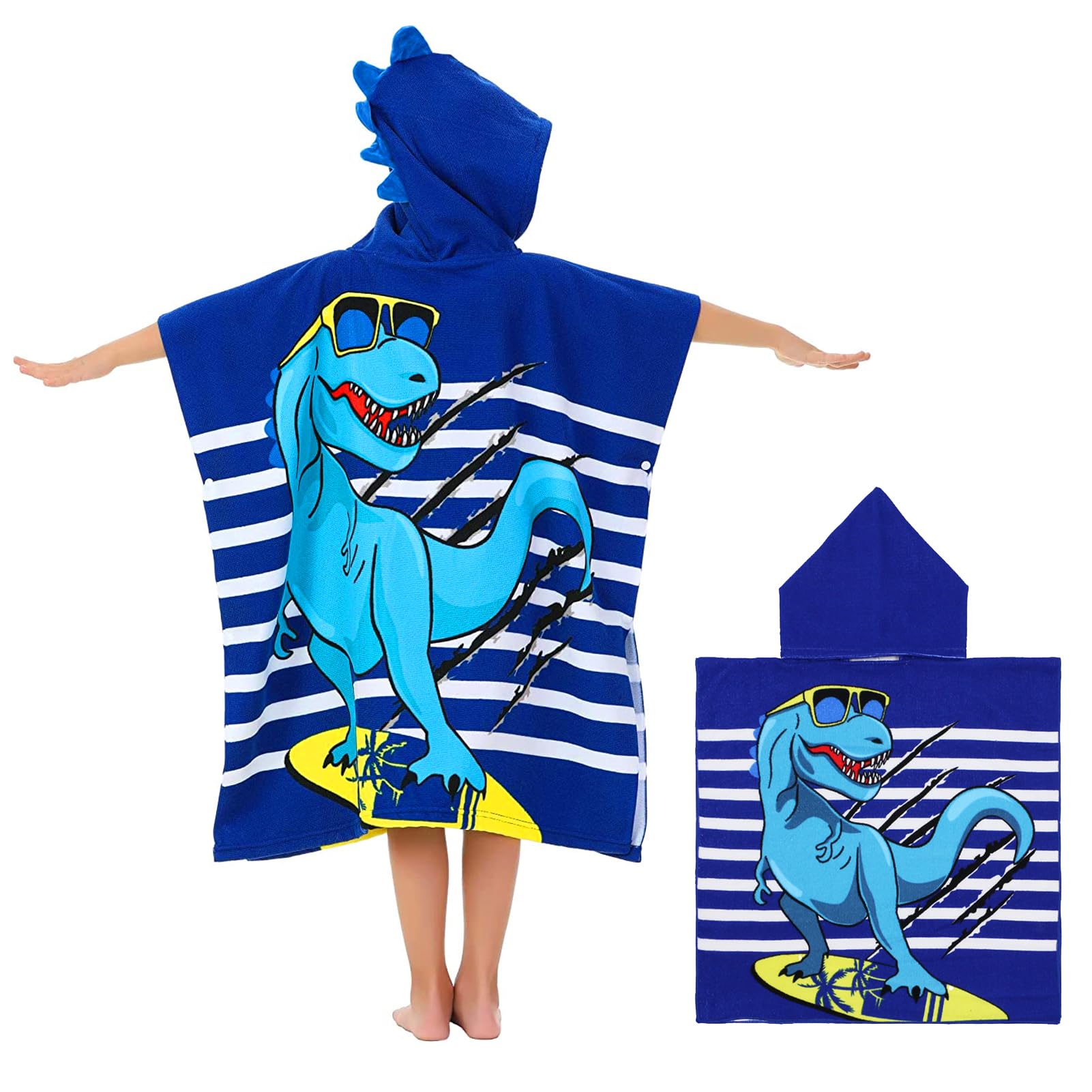 Beauenty Kids Beach Towel, Larger Size Hooded Poncho for Children and Baby, 2-8 Years Multi-Use Quick Dry Beach Towel, for Boys and Girls Pool/Holidays Travel/Camping/Shower (Blue dinosaur)