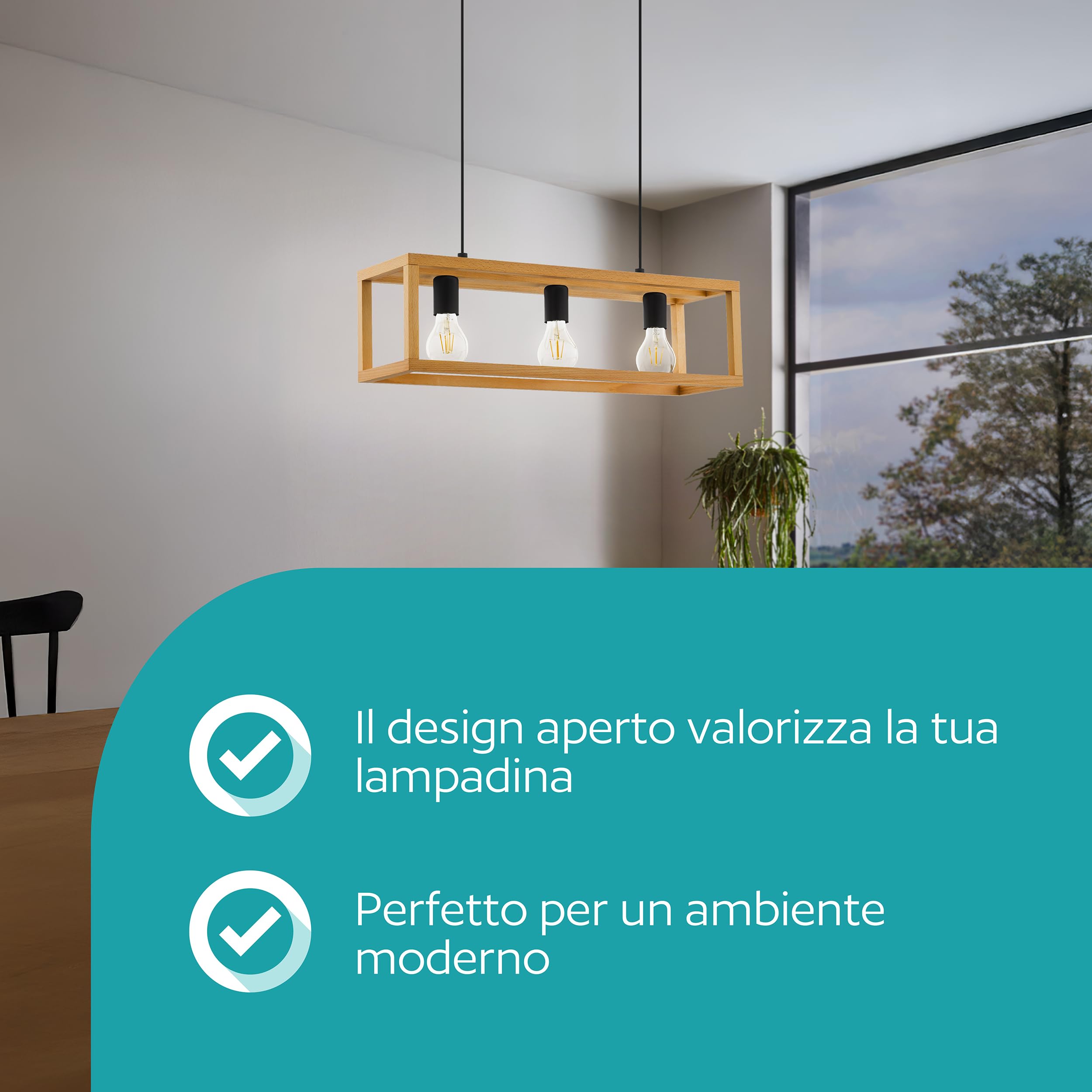 Eglo Blackcrown - Lampadario a sospensione 3 luci, stile | vintage, per tavolo da pranzo, lampada soffitto in design naturale, legno chiaro con attacco E27