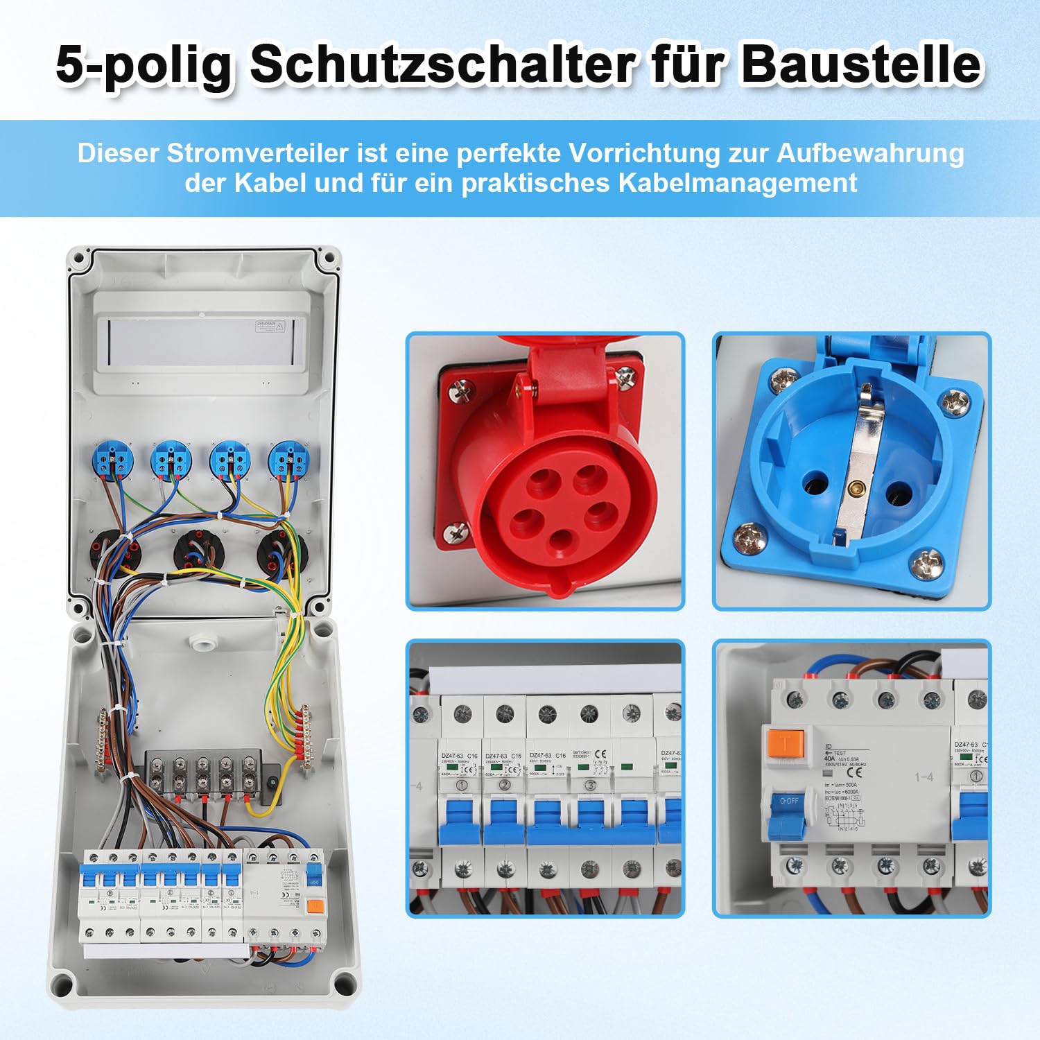 Daromigo Distributore da parete, 4 x 230 V, Schuko, CEE 16 A/32 A, con
