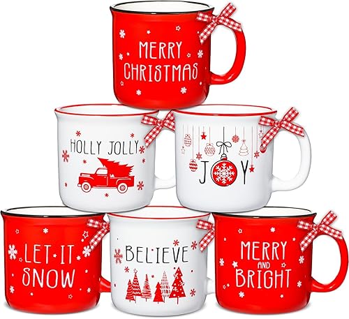 ZOIIWA Juego de 6 tazas de café de Navidad con cinta roja a cuadros para fiestas de vacaciones, tazas de cerámica para regalo de Navidad, decoración