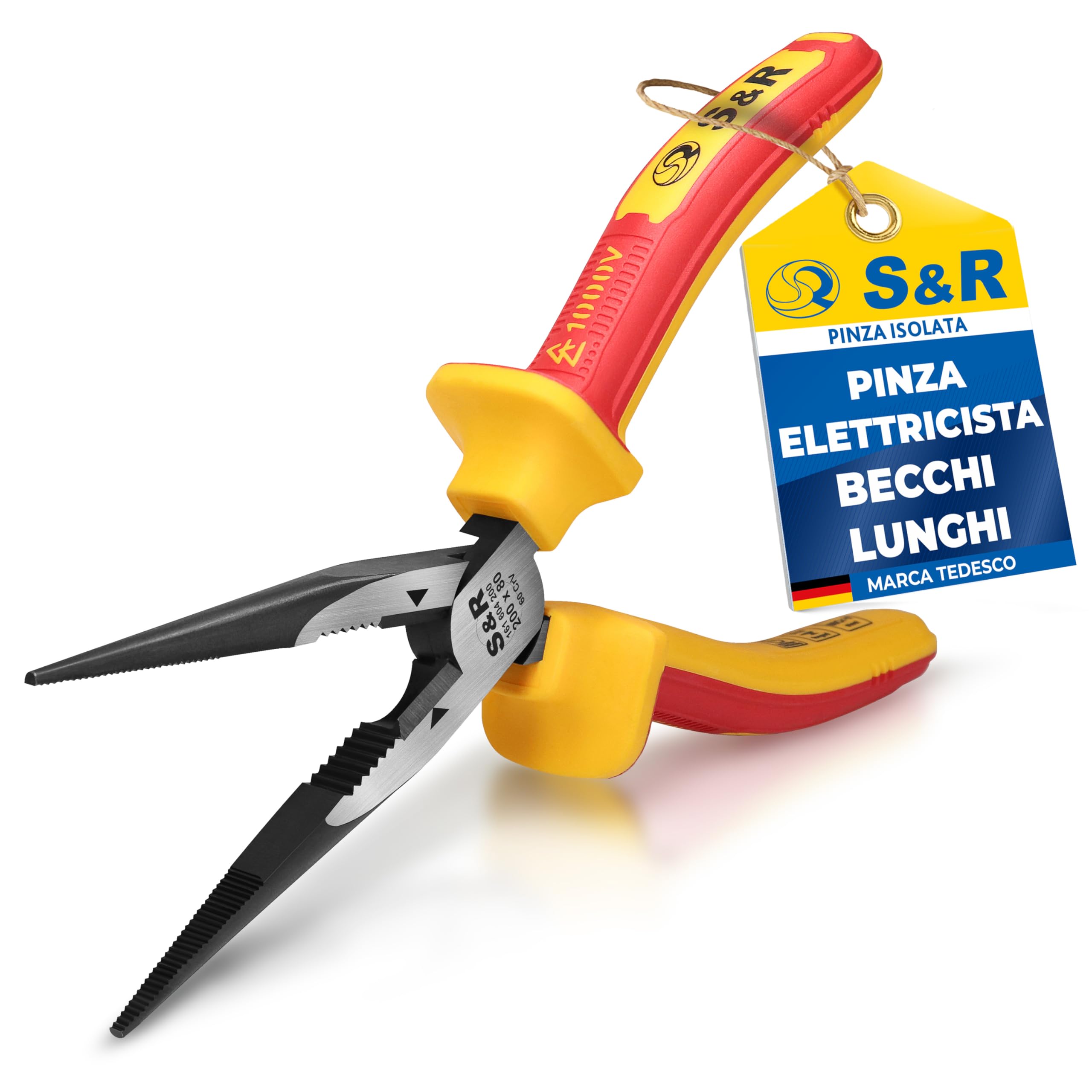 S&R Pinze a becco lungo certificate VDE. Pinza elettricista in acciaio al cromo-vanadio fosfatato.