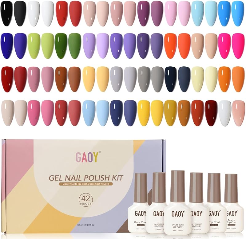 42 Pcs Gel Nail Polish Set, 39 All Seasons Colors, UV Gel, Series-B | With Base Coat, Glossy & Matte Top Coat, Pink White Red Jelly Nude Colors, UV/LED Cure Required, DIY Manicure at Home