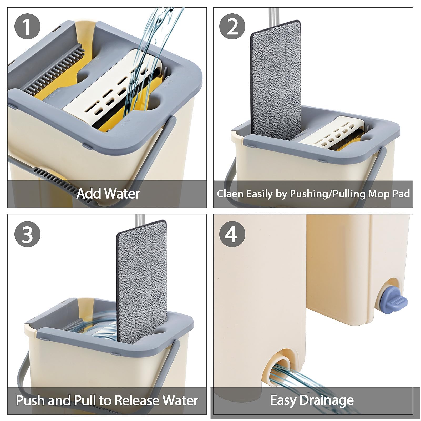 Wischmopp Set mit Eimer – Flacher Bodenwischer mit Auswringfunktion, 2-Kammer Putzeimer System, Edelstahl Teleskopstiel, inkl. 3/4/7/10 Waschbare (4-PC Flat Mop Set)