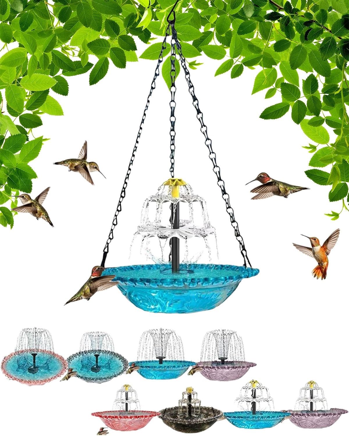 Solar Cascade Hanging Bird Bath Fountain,Outdoor Hanging Bird Bath with Solar Fountain,Glass Bowl Solar Powered Water Feature for Hummingbirds & Wild Birds,Decorative Garden Patio Backyard (B,Blue)