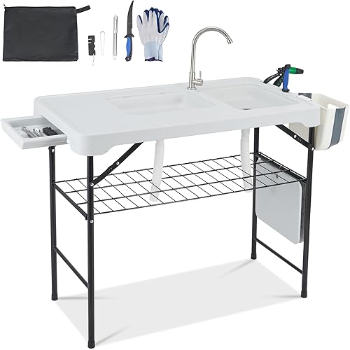 Dragosum Mesa de limpieza de peces de 42 pulgadas para exteriores, estación de fregadero de campamento portátil con fregaderos dobles, rejilla de