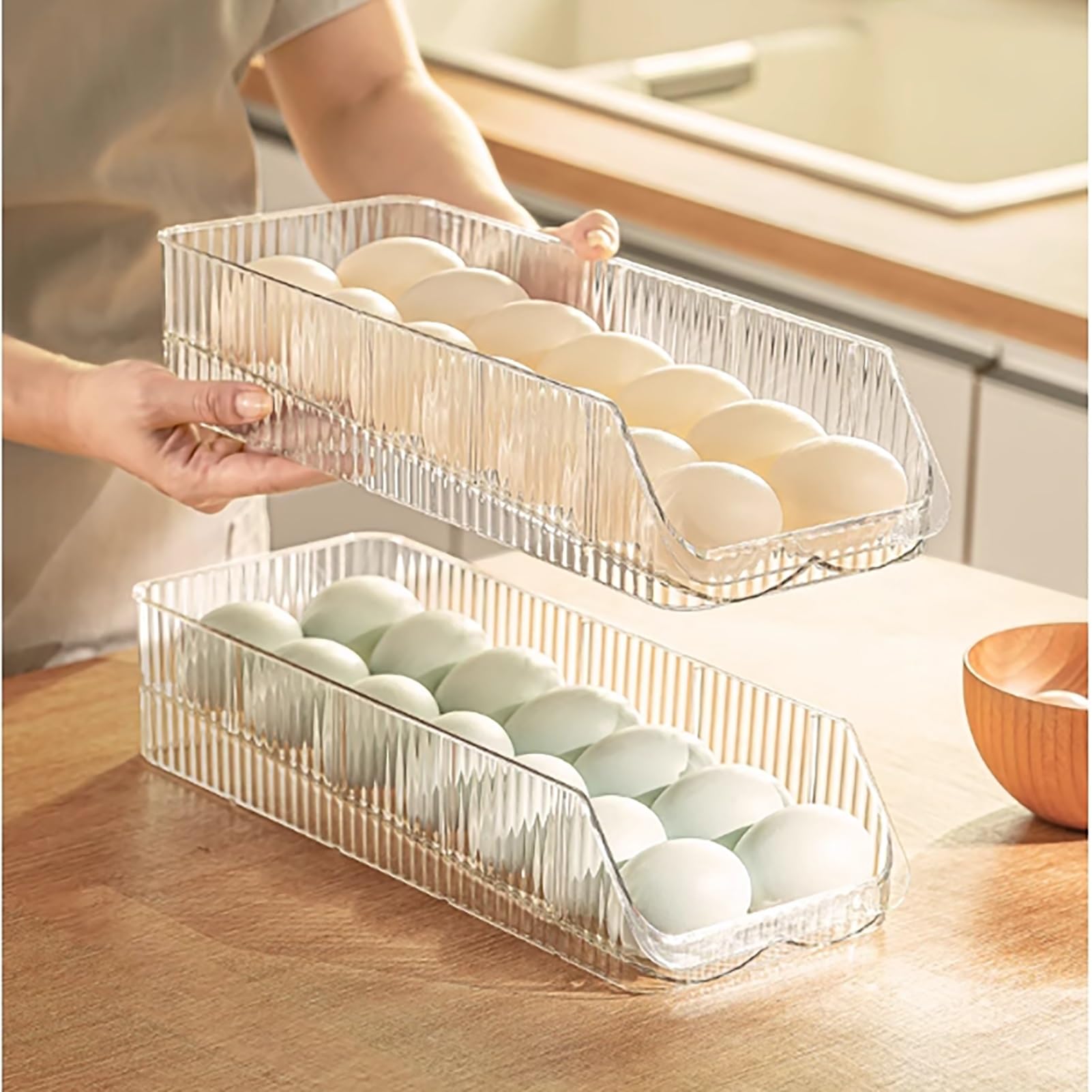 Eier-Organizer mit 3 Ebenen for den Kühlschrank, Eier-Aufbewahrungsbox mit transparenter Schublade, stapelbarer Eierbehälter for die Kühlschrankschrank-Arbeitsplatte