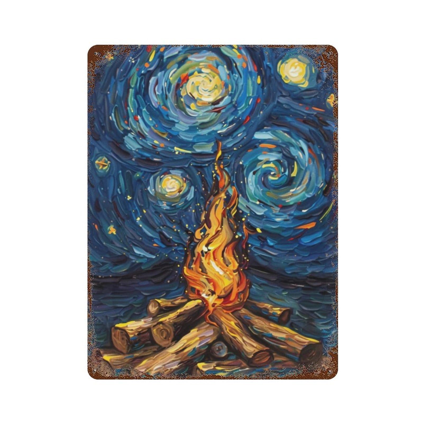 WUJHGRSG Post Impressionist Twirl Indigo Night Flaming Bonfire 01 Wall Art Retro Iron Vintage Metal Tin Sign Poster Modern Decor for Home Cofffee Club Bar Shop Style 40x30cm