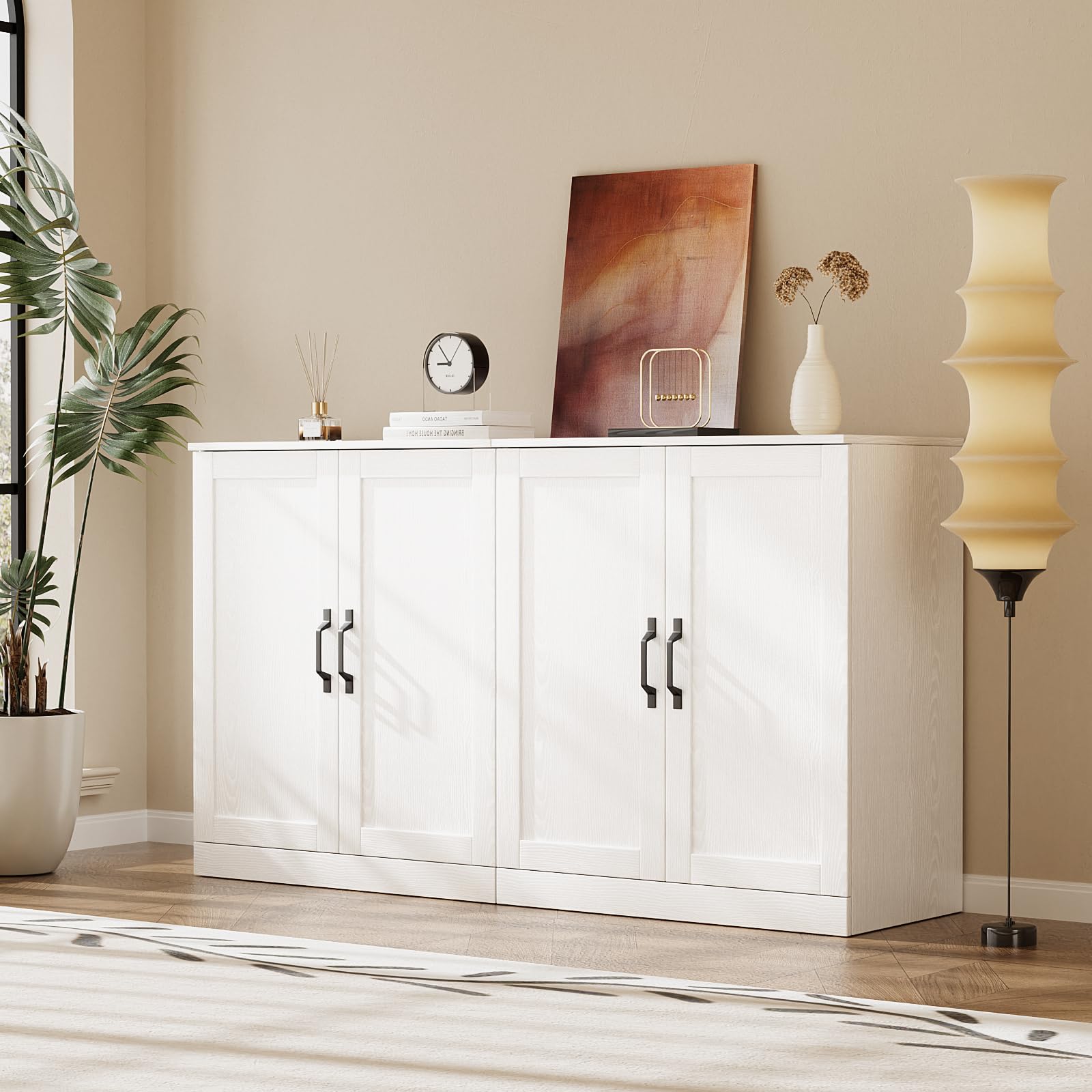 VOWNER Modularer 5PSC TV-Schrank, Fernsehschrank mit Glastüren & Bücherregalen für TV bis 75 Zoll, TV Ständer, Wohnzimmerschrank mit Kontrollfläche, 300 x 180 x 40 cm, weiß (5PCS)