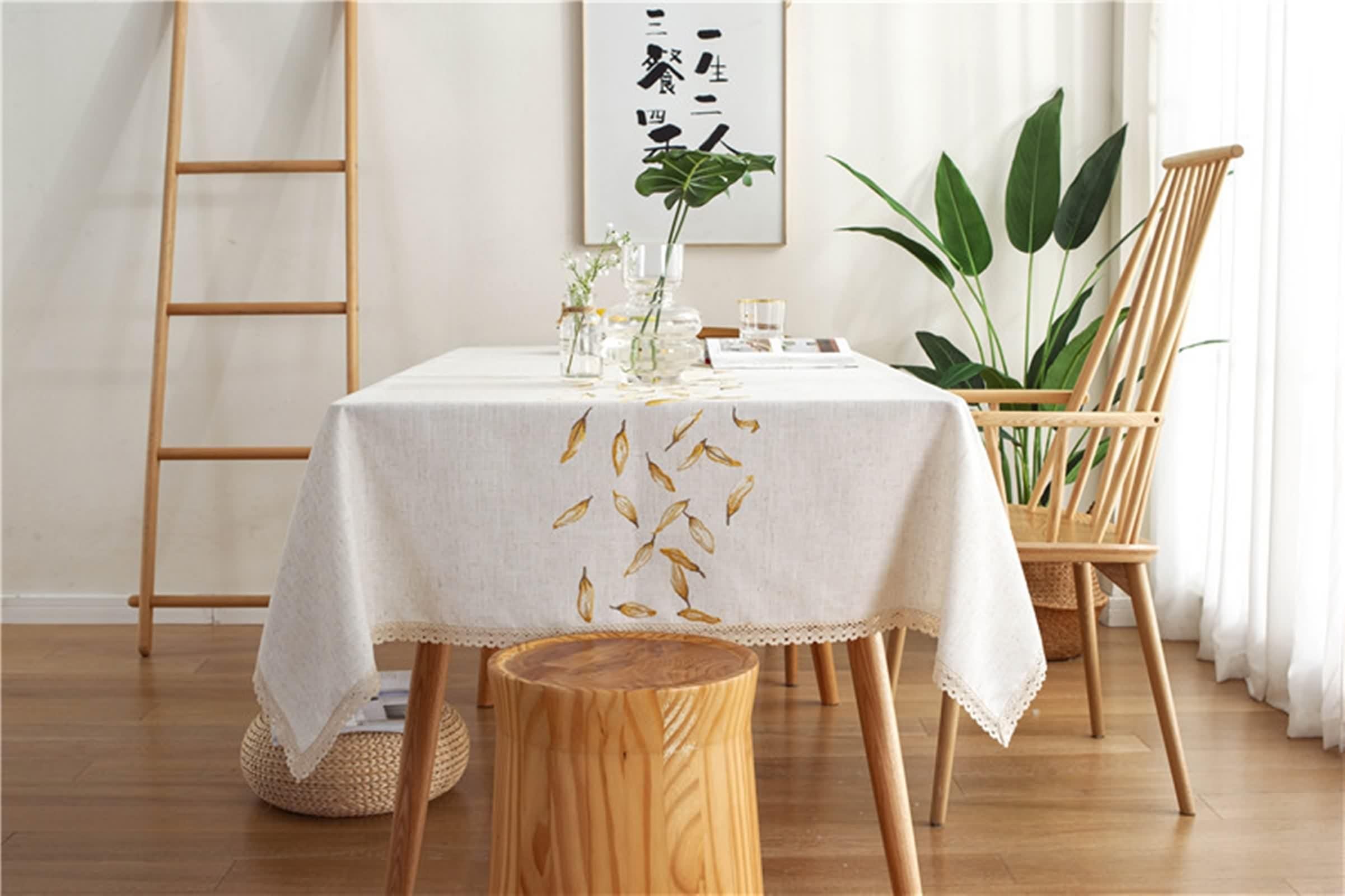 Tischdecke Rechteckig Beige, Tischdeko Geburtstag Vintage Polyester Bestickt Lassen Table Cover 140X100CM für Party Hochzeit
