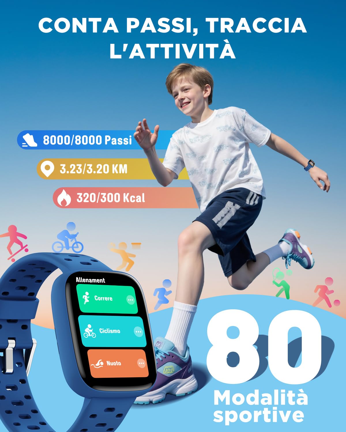 BIGGERFIVE Smartwatch Bambini Bambina Ado 5-16, 1,8" Amoled Fitness Tracker | Orologio Contapassi, Frequenza Cardiaca, Resistente all'Acqua 30m, Monitor del Sonno, Giochi Puzzle con/senza APP, Blu