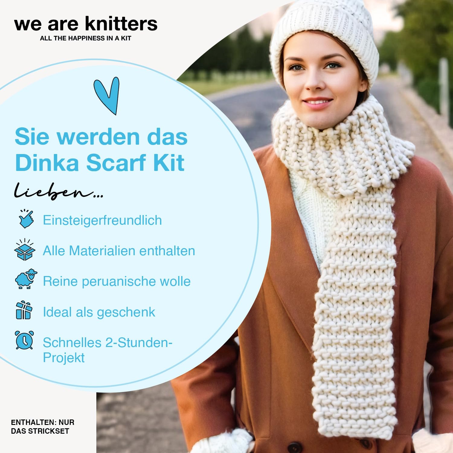 We Are Knitters Dinka Scarf Kit, Strickset für Anfänger mit Wolle und Anleitung, Stricken für Anfänger Set, Komplettes DIY Schal Set mit Nadeln & Label aus 100% natürlicher Wolle