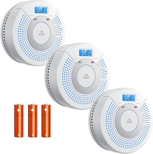 Linsoal Paquete de 3 alarmas fotoeléctricas de humo y detector de monóxido de carbono con batería con pantalla digital (blanco)
