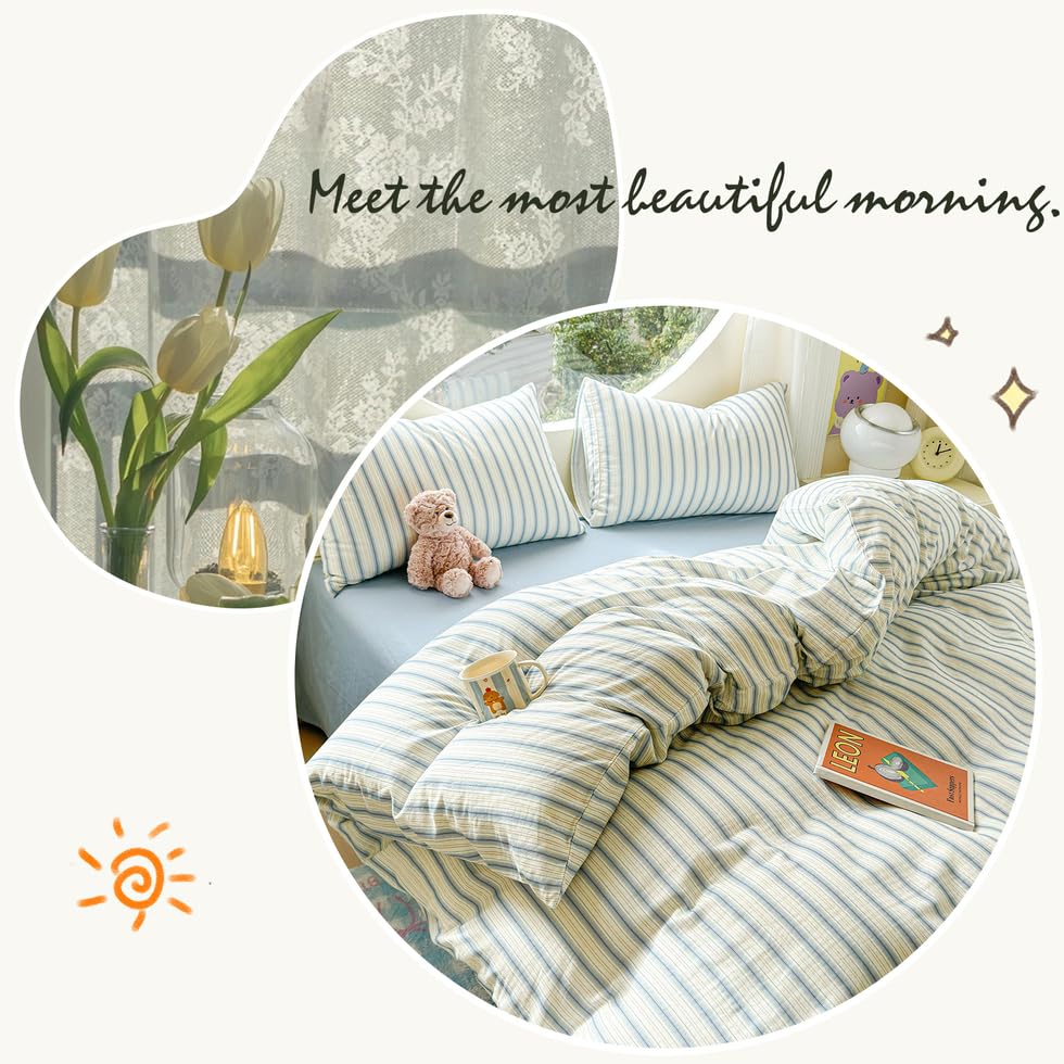 Image of EAVD Vintage Striped Duvet Cover Queen Soft 100% Muslin Cotton Linen Feel Gauze Farmhouse Blue Vertical Striped Pattern Bedding Set for Men Women Reversible Geometric Duvet Cover with Zipper Closure