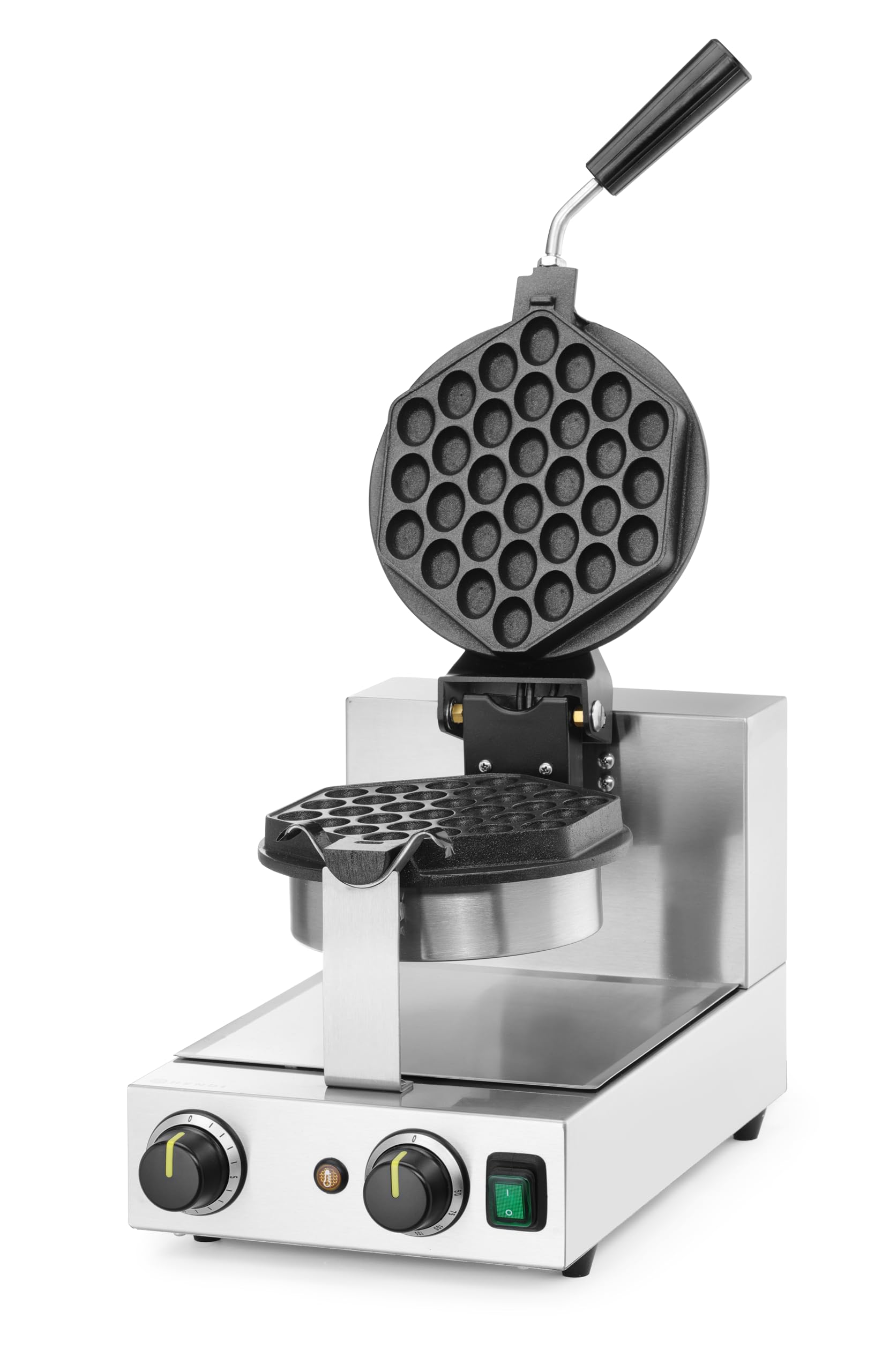 HENDI Máquina eléctrica giratoria para hacer gofres de burbujas, gofrera bubble waffles, waflera, placas antiadherentes de aluminio fundido, 50°C-210°C, 1500W, 255x560x(H)318mm, acero inoxidable