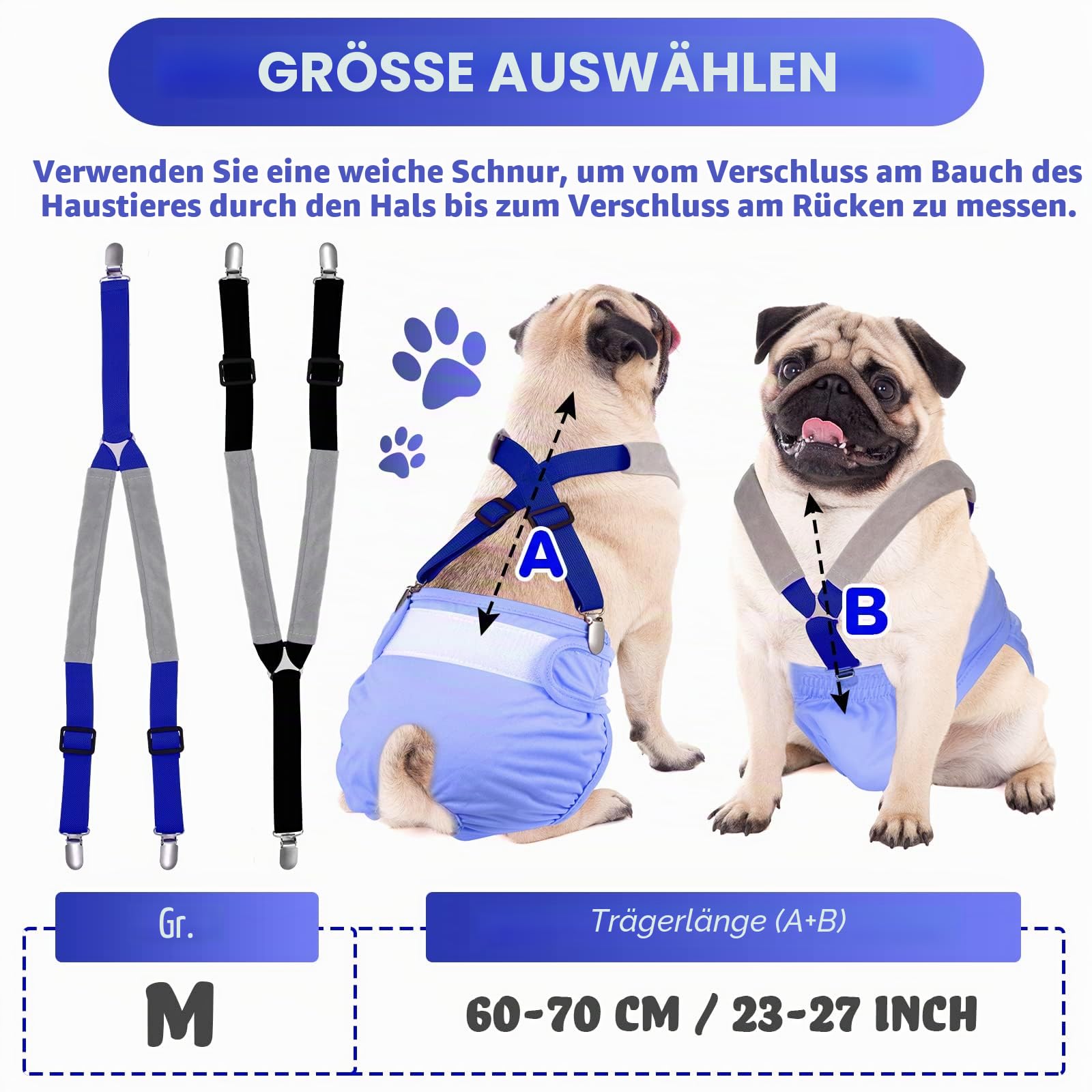 Saintrygo Hunde-Hosenträger für Windeln, für Hündinnen und Rüden, Hundegeschirr, hält Windel an deinem Haustier, für kleine, mittelgroße und große Hunde, 2 Stück, schwarz und blau, Größe M