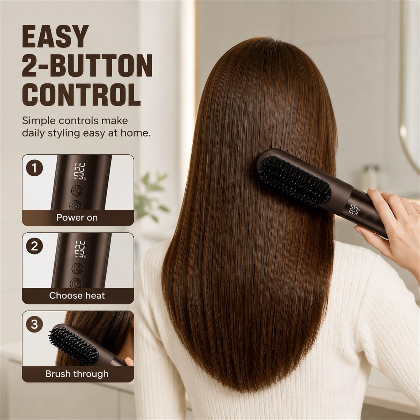 Cepillo Alisador de Pelo Inalámbrico Portátil, Plancha de Pelo con Función de Aire Frío y 200M Iones Negativos, 3 Niveles de Calor, USB-C Recargable para Viajes | Beige