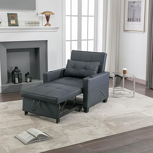 Convertible Futon Sofa Bed with USB Ports,3-in-1 Pull Out Sleeper Chair Beds with Adjustable Backrest Recliner,Lounger Chair,Modern Armchair for Living Room,Bedroom,Apartment (Black)