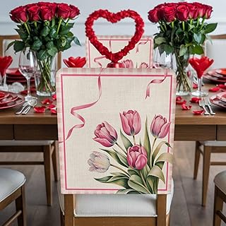 Chair Back Covers Set of 1, Valentine's Day Tulips Dining Room Chair Cover Washable Removable Slipcover, Vintage Floral Art Chairs Protector for Kitchen Hotel Party