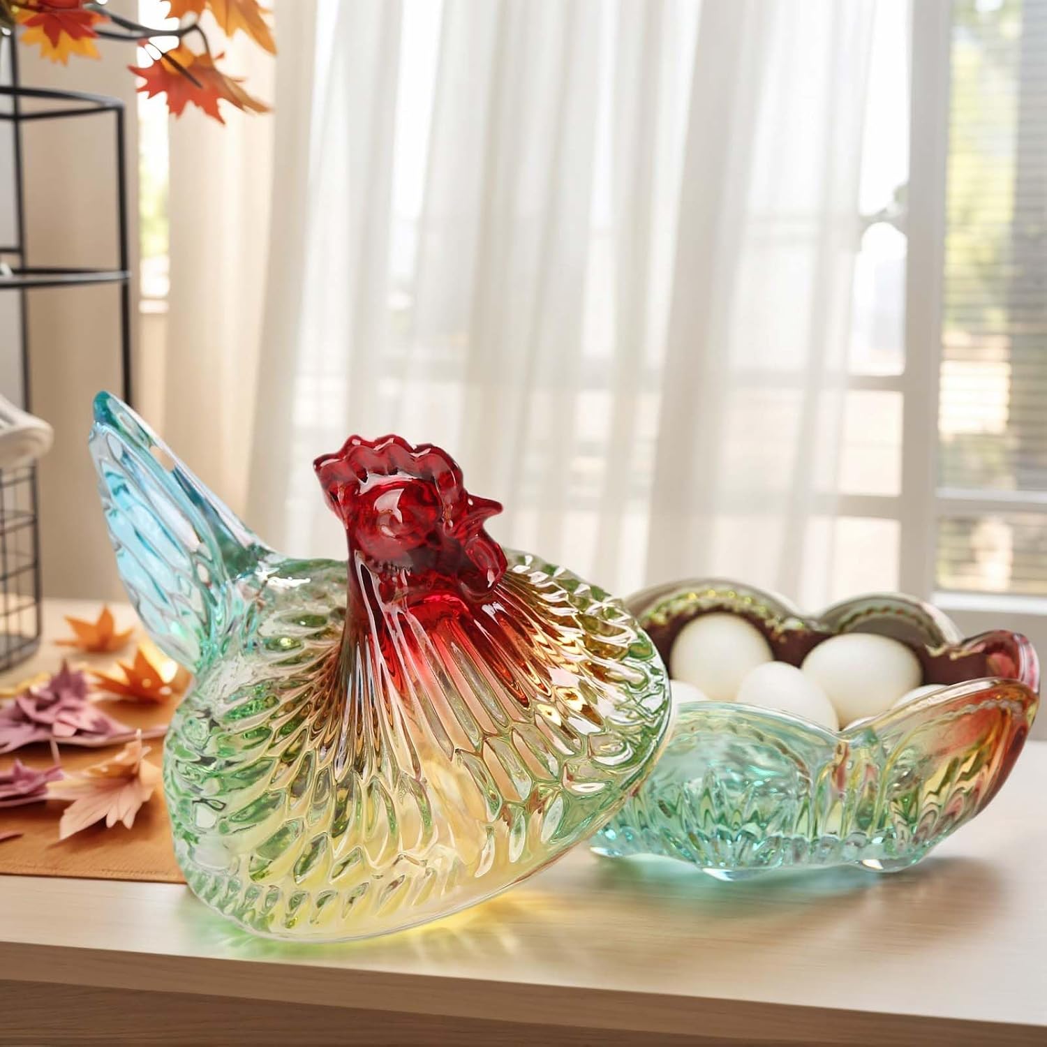Hen-Shaped Crystal Glass Candy Dish,Pastoral Style Candy Bowl with Lid,Muti-Color Tabletop Dessert Plate Snack Bowl Egg Tray