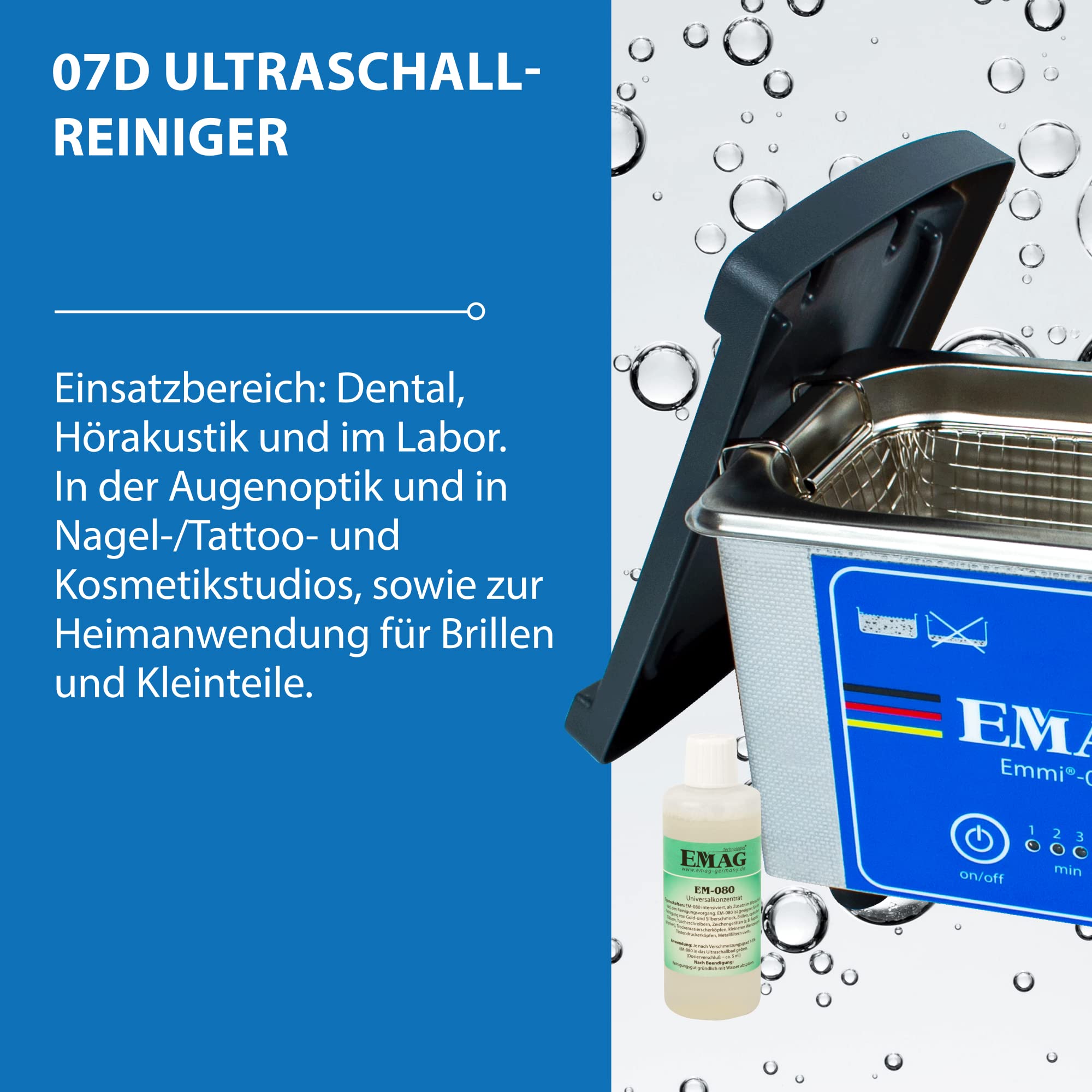 EMAG Ultraschallreiniger Emmi 07D Edelstahl I Brillenreinigungsgerät auch Schmuck & Uhren + Timer I Ultraschallreinigungsgerät aus Deutschland I 500ml