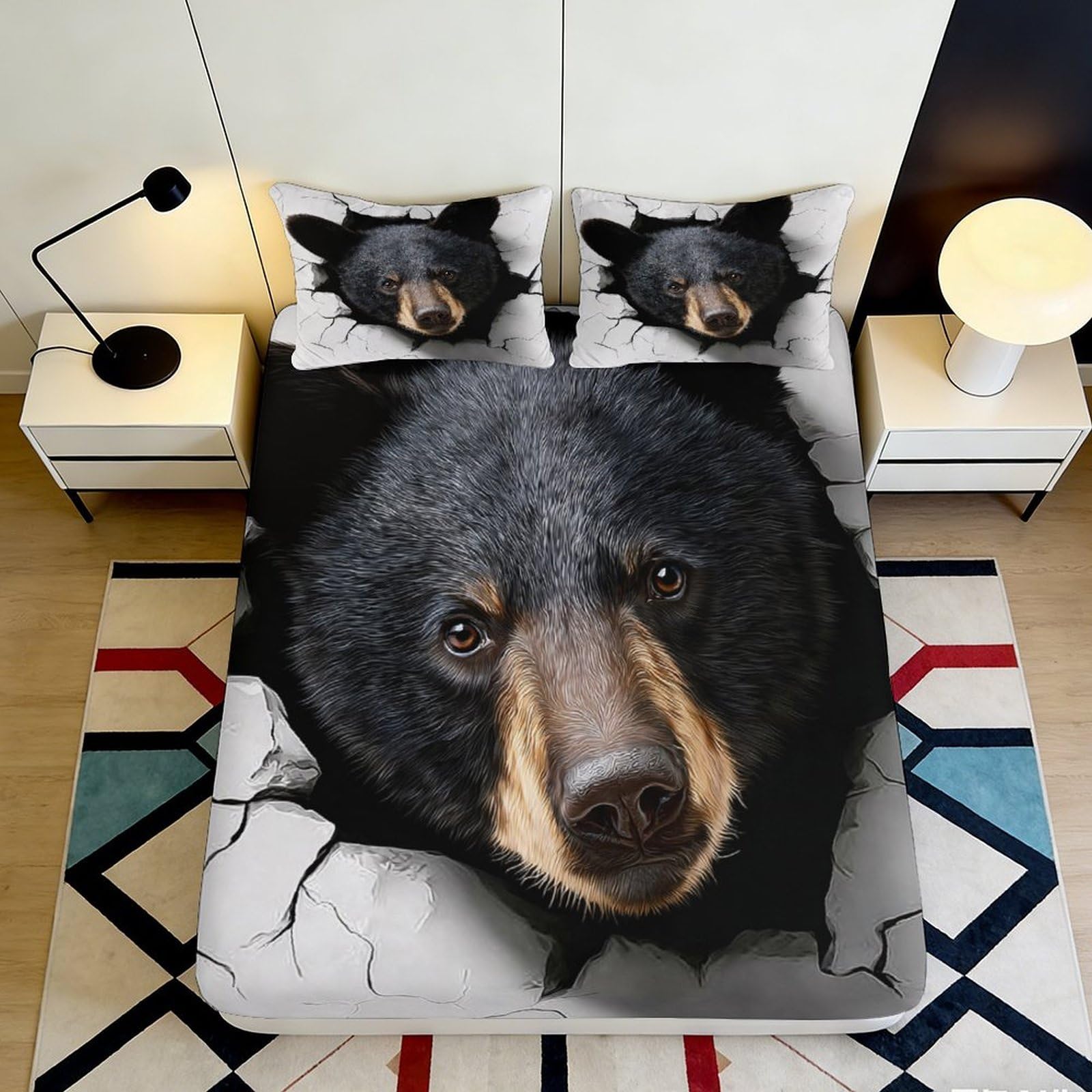 3D Printed Black Bear Fitted Sheet Microfiber Soft Breathable Animal Bed Cover for Bedroom Guest Dorm Decor 90x200x25cm