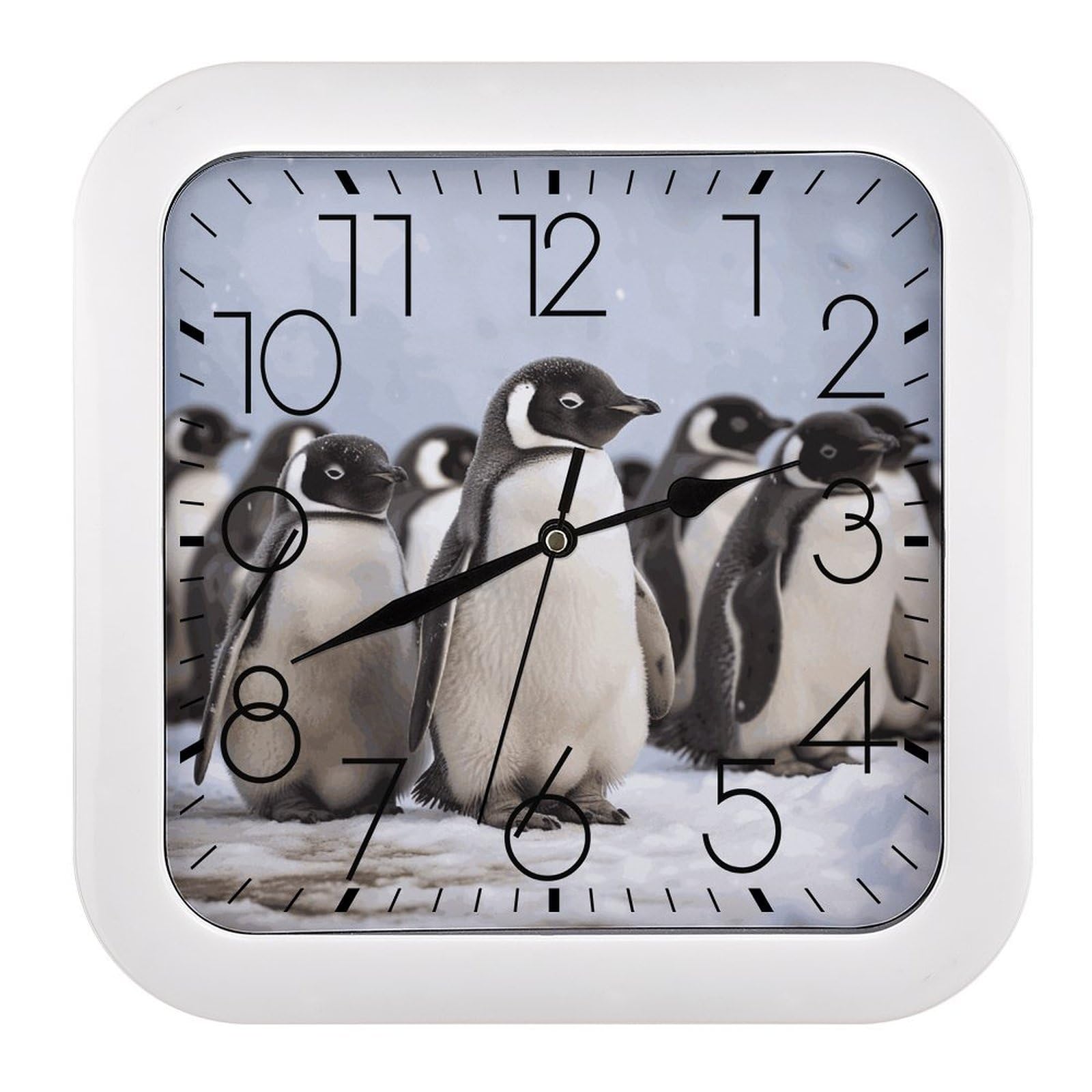 FekiLoot Square Young Penguins with Snow Wall Clock Decorative Battery Operated Analog Clocks Silent Non-Ticking Frame Wall Clocks Perfect Kitchen Or Office Clock 10 Inch