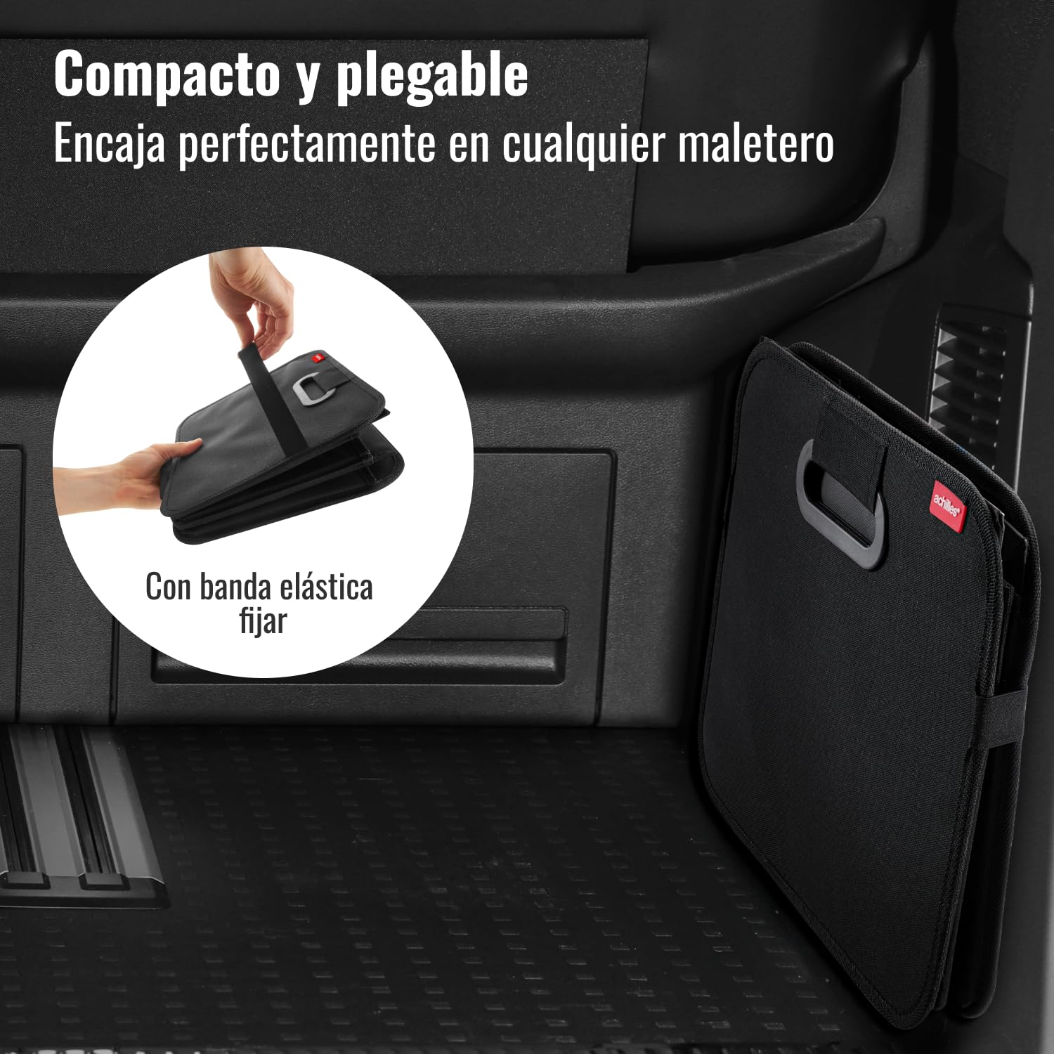 achilles Organizador de Maletero Coche – Caja Plegable XL con Bolsillo de Red – Compacta y Repele Agua – Ideal para Almacenaje Versátil – Accesorios Coche Interior – Negro – 50cm x 32cm x 27cm