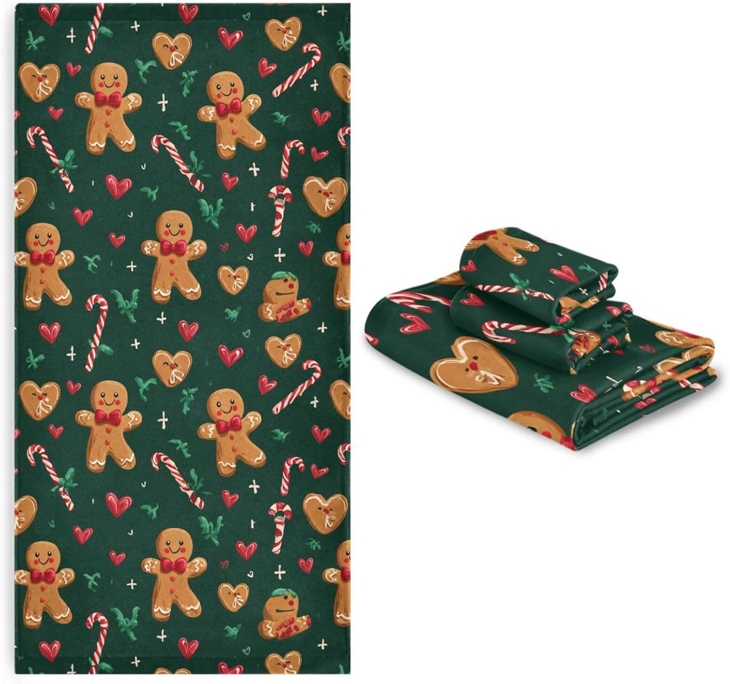 Christmas Gingerbread Candy Cane Bathroom Towel Set of 3 Pcs Xmas Hand Fingertip Bath Towels Washcloth Soft Thin Durable Highly Absorbent Multipurpose for Beach Home Bathroom Hotel Gym Swim Decor