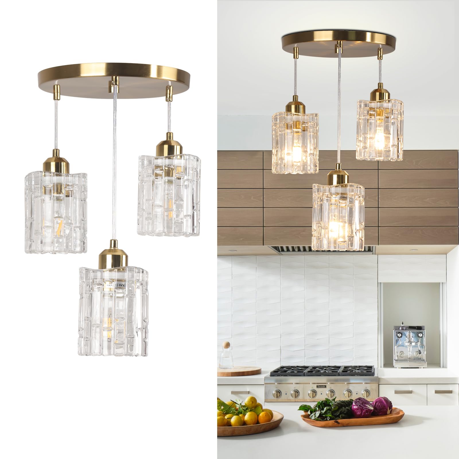 Finktonglan 3-Light Gold Glass Pendant Light, Adjustable, E27