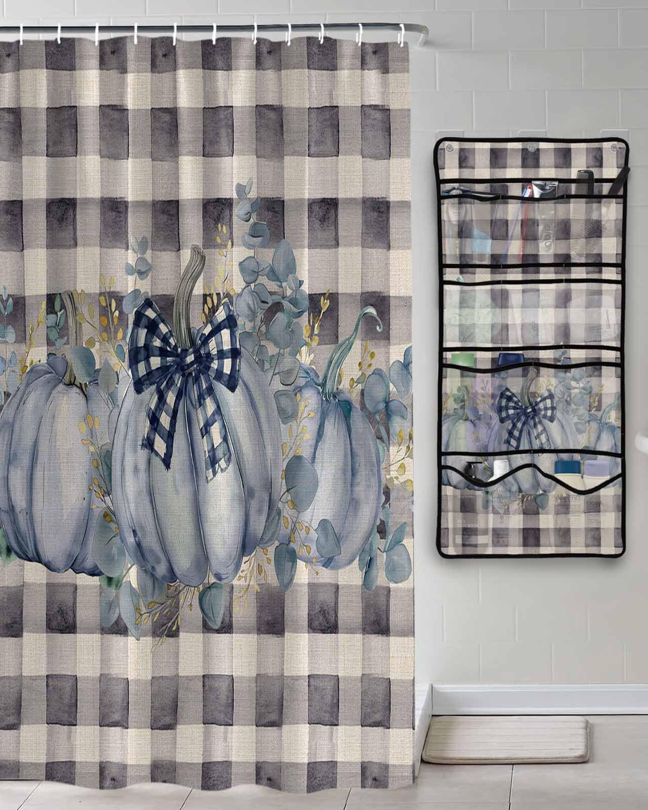 Decorative Shower Curtain Sets Fall Thanksgiving Fabric Shower Curtains Vintage Blue Autumn Pumpkin Eucalyptus Leaves Black White Check