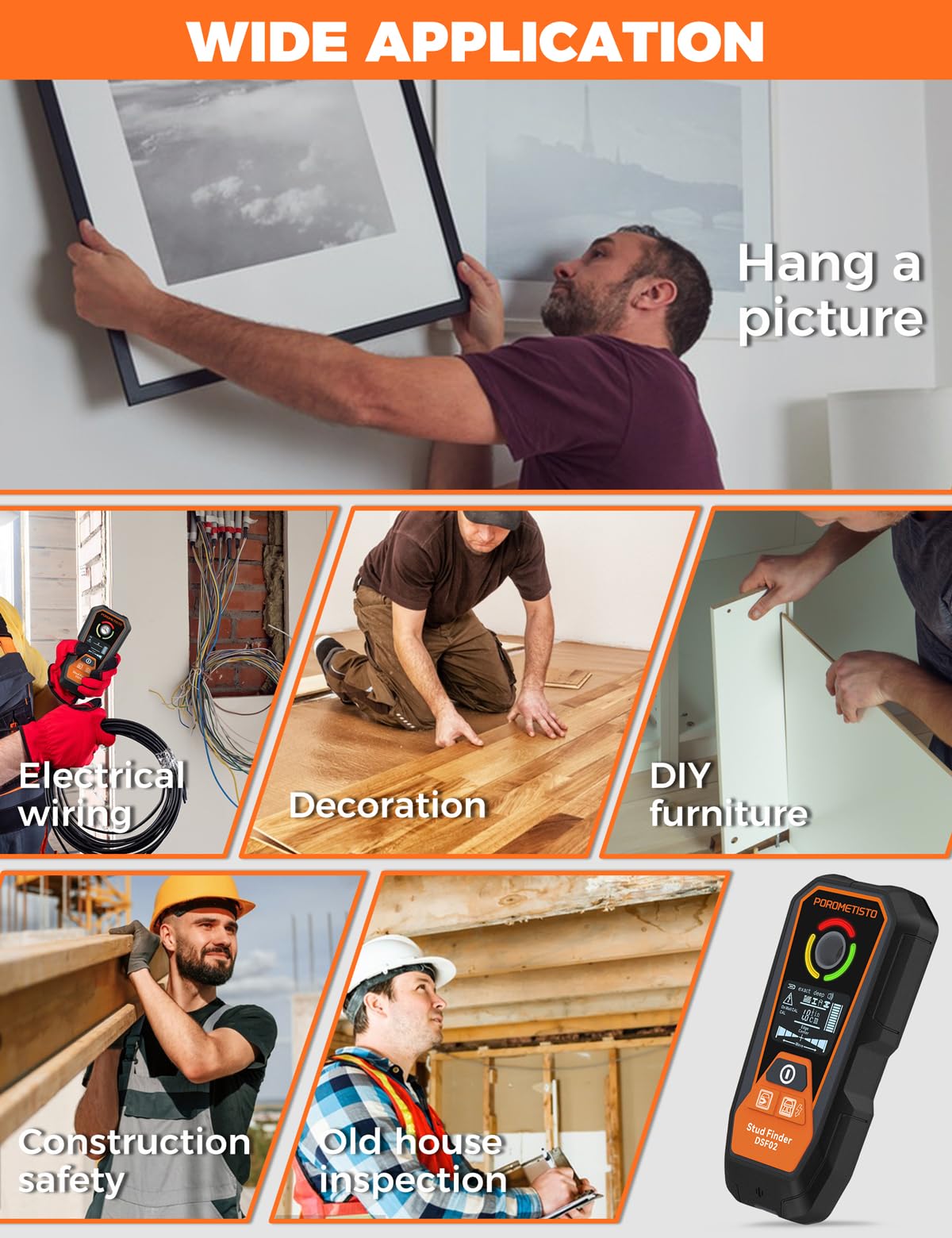 6 en 1 Détecteur Mural Rechargeable,Profondeur de détection 20-120 mm,Détecte Le Métal/Les Tuyaux/Les Tuyaux en Cuivre/Les Fils/Les Objets/Matériaux Magnétiques/Non Magnétiques